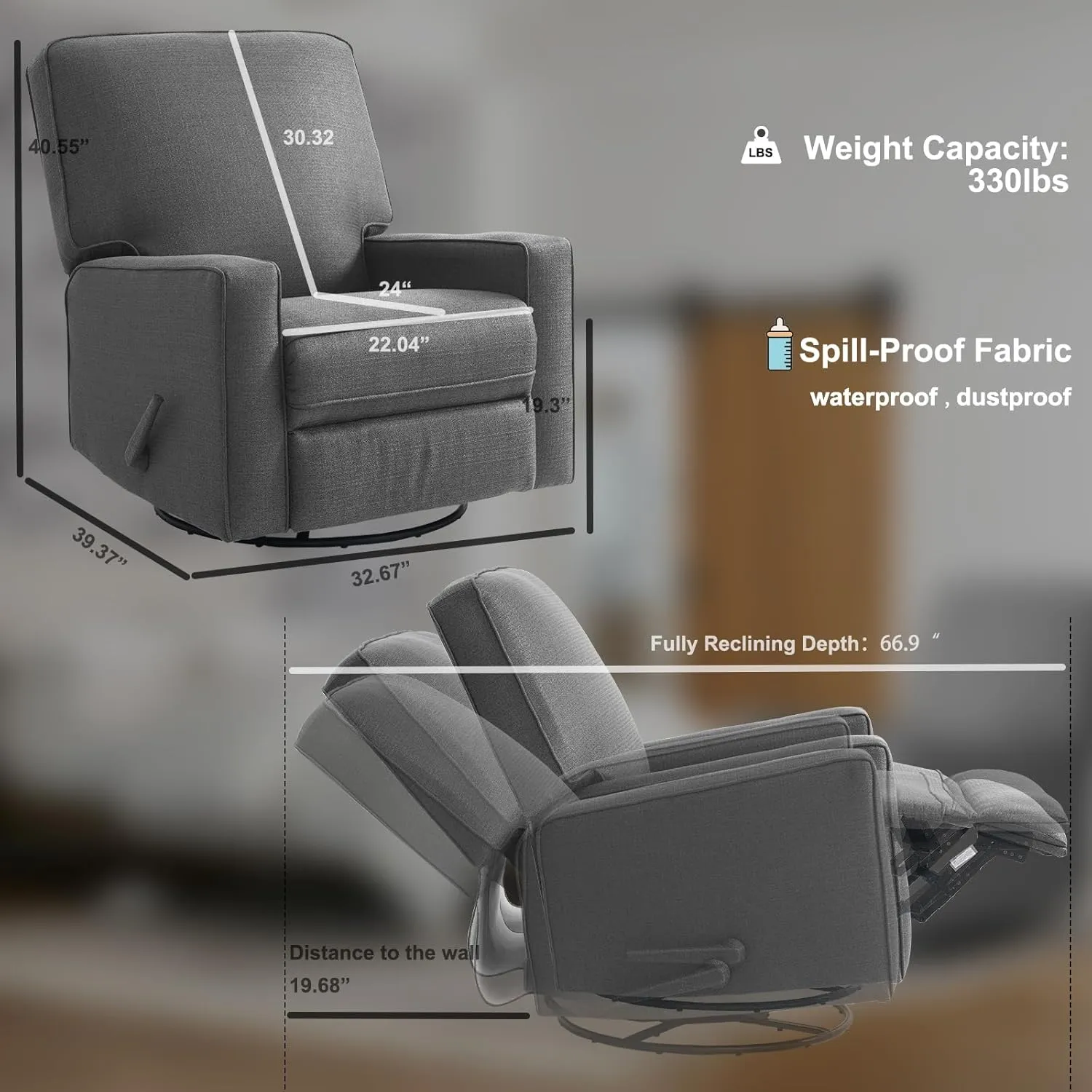 Harkawon Swivel Recliner Chair Glider Rocking Recliner Fabric Chair, Comfy Upholstered Glider Rocker for Nursery, Modern Armchair with Tall Back for Living Room, Bedroom Gray