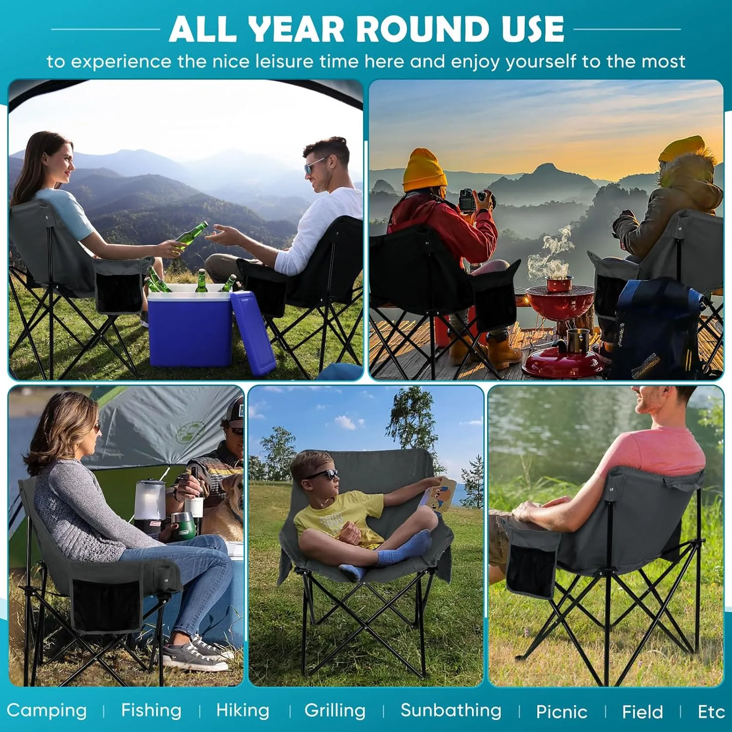 HaSteeL Camping Chair for Adults, Compact Folding Portable Chairs Set with Side Pockets for Outdoors Fishing, Hiking, Backpacking, Beach, Patio, Travel, Support 250lbs, & Storage Bags (Black & Grey)