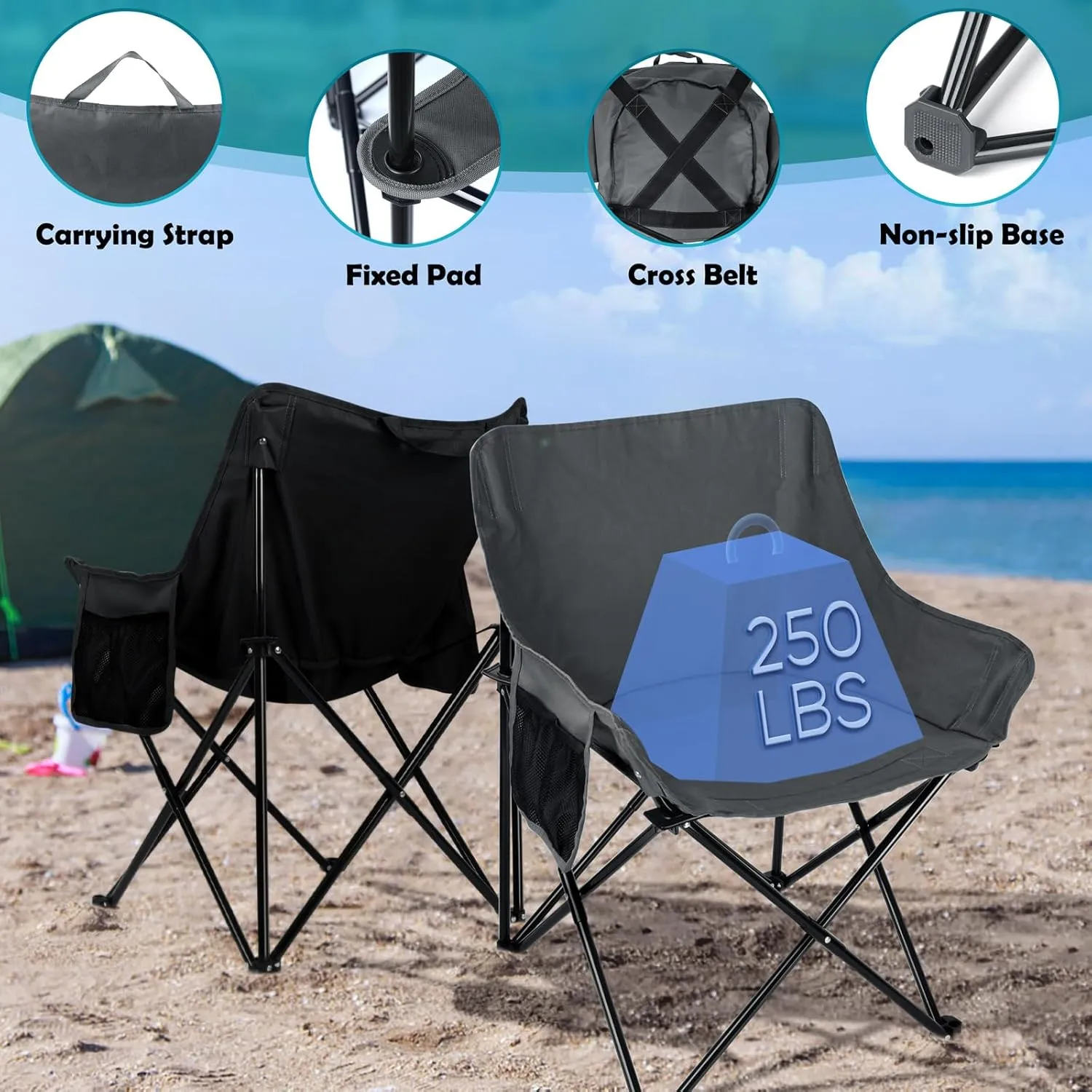 HaSteeL Camping Chair for Adults, Compact Folding Portable Chairs Set with Side Pockets for Outdoors Fishing, Hiking, Backpacking, Beach, Patio, Travel, Support 250lbs, & Storage Bags (Black & Grey)