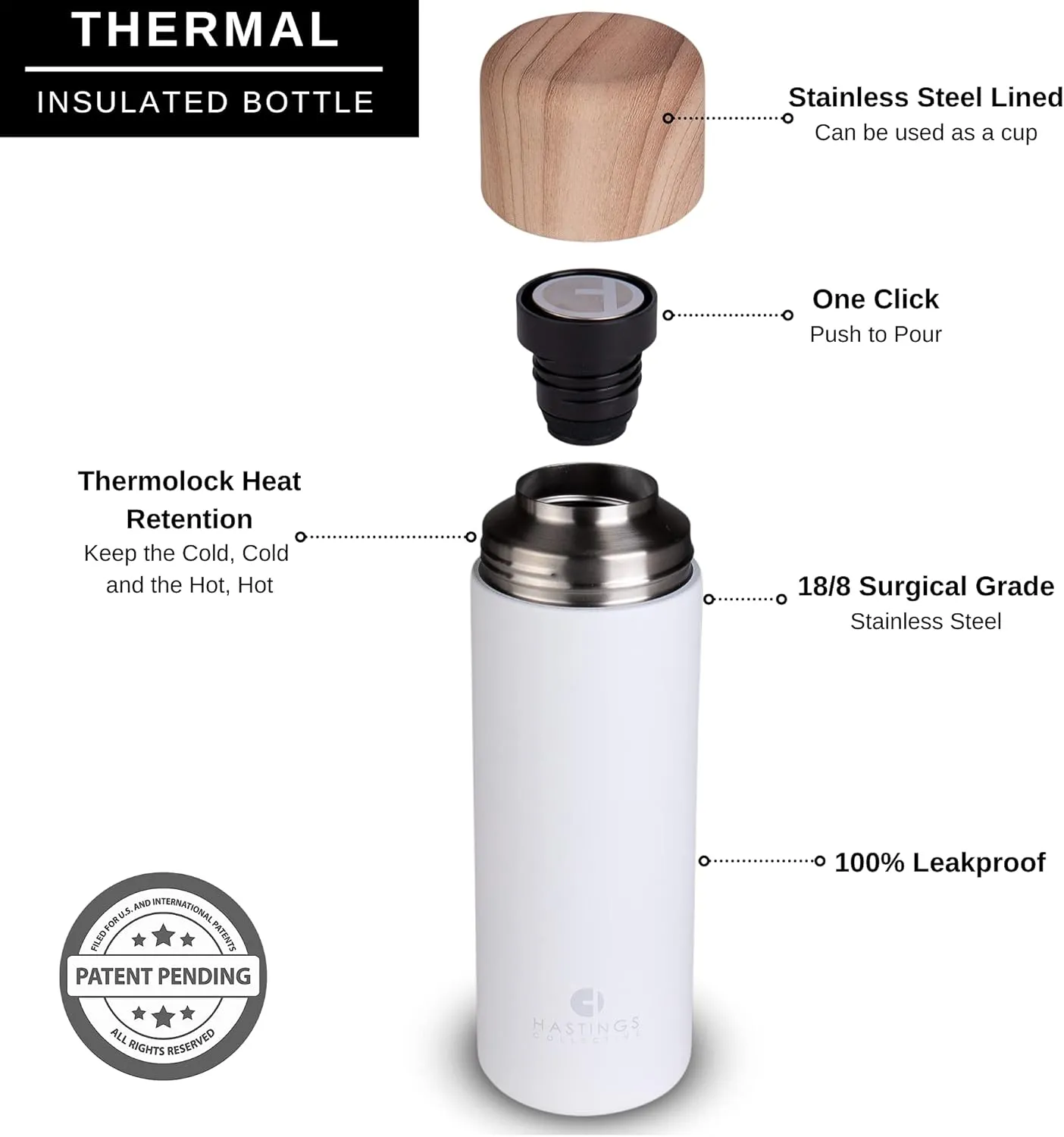 HASTINGS COLLECTIVE FIKA Slim Coffee Travel Mug Tumbler - Stainless Steel Vacuum Insulated Thermos Cup with Spill Proof Lid, 17oz (500ml) (White)