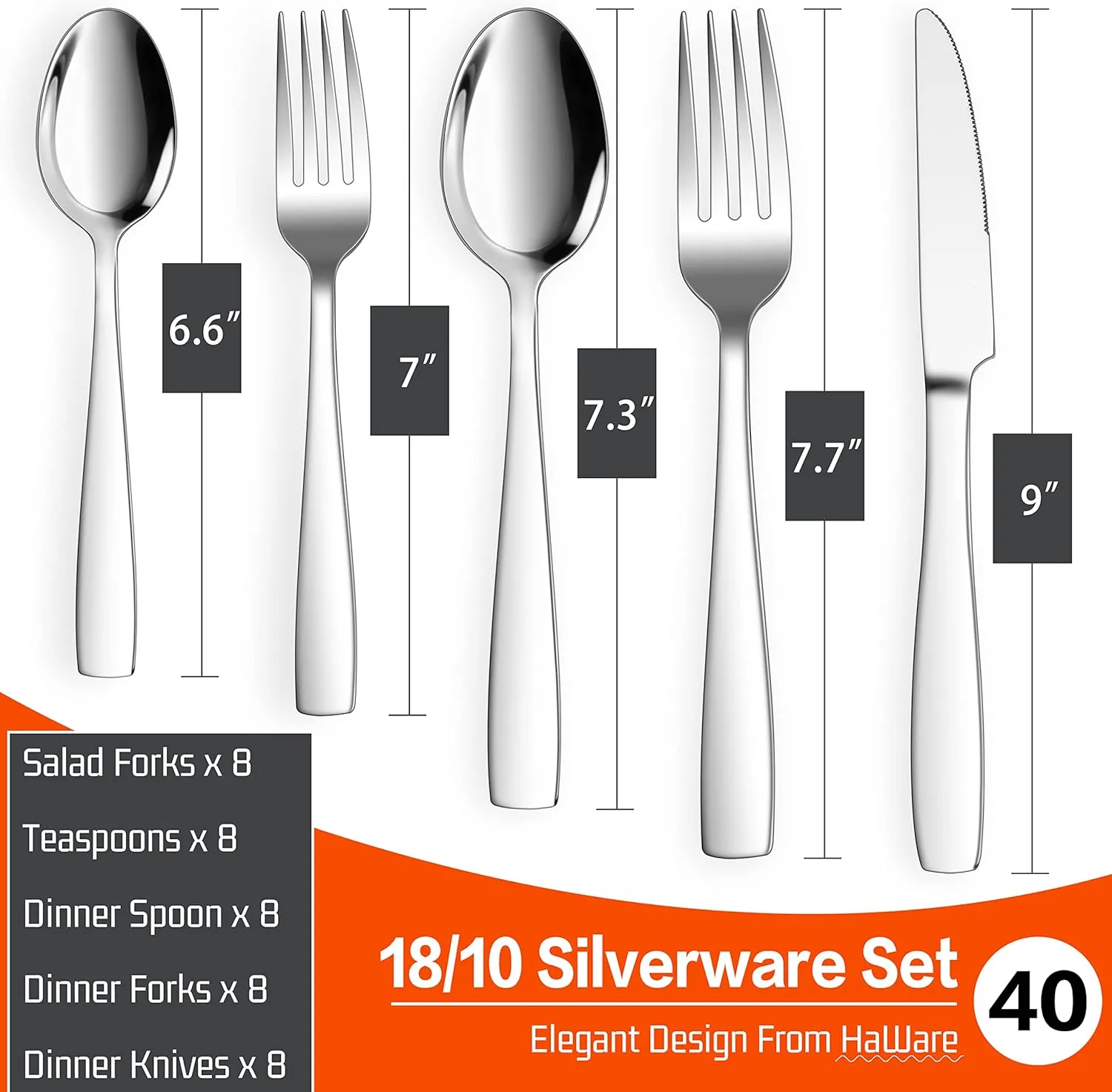 HaWare 18/10 Stainless Steel Flatware, 40-Piece Silverware Set Service for 8, Fancy Tableware Cutlery Set for Home Restaurant, Include Knife Fork Spoon, Mirror Finish Eating Utensils, Dishwasher Safe