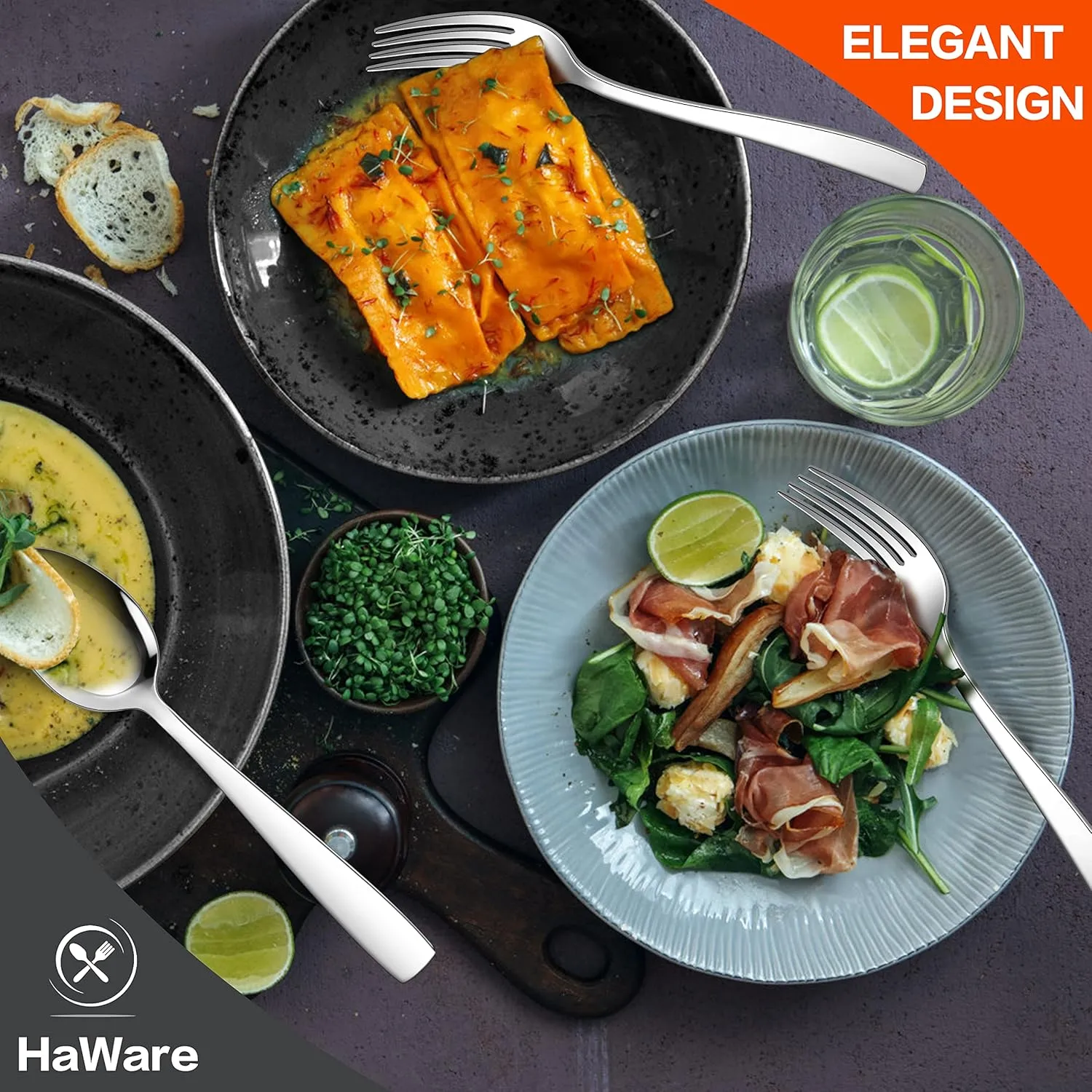 HaWare 18/10 Stainless Steel Flatware, 40-Piece Silverware Set Service for 8, Fancy Tableware Cutlery Set for Home Restaurant, Include Knife Fork Spoon, Mirror Finish Eating Utensils, Dishwasher Safe