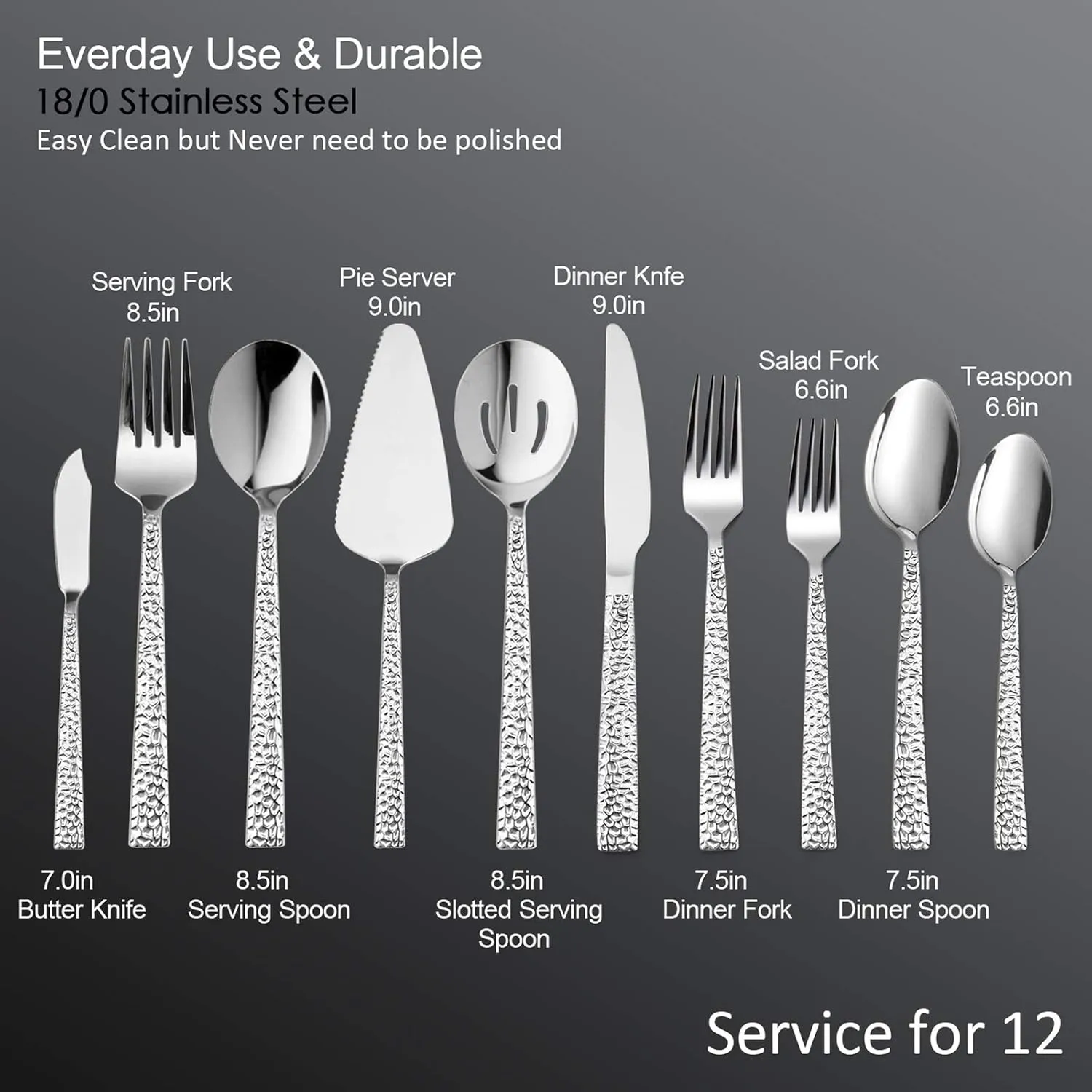 HaWare 65-Piece Hammered Flatware Serving Set, Stainless Steel Silverware Cutlery Set for Home/Hotel/Restaurant, Service for 12, Elegant & Classic Design, Dishwasher Safe-Square Edge
