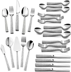 HaWare 65-Piece Hammered Flatware Serving Set, Stainless Steel Silverware Cutlery Set for Home/Hotel/Restaurant, Service for 12, Elegant & Classic Design, Dishwasher Safe-Square Edge