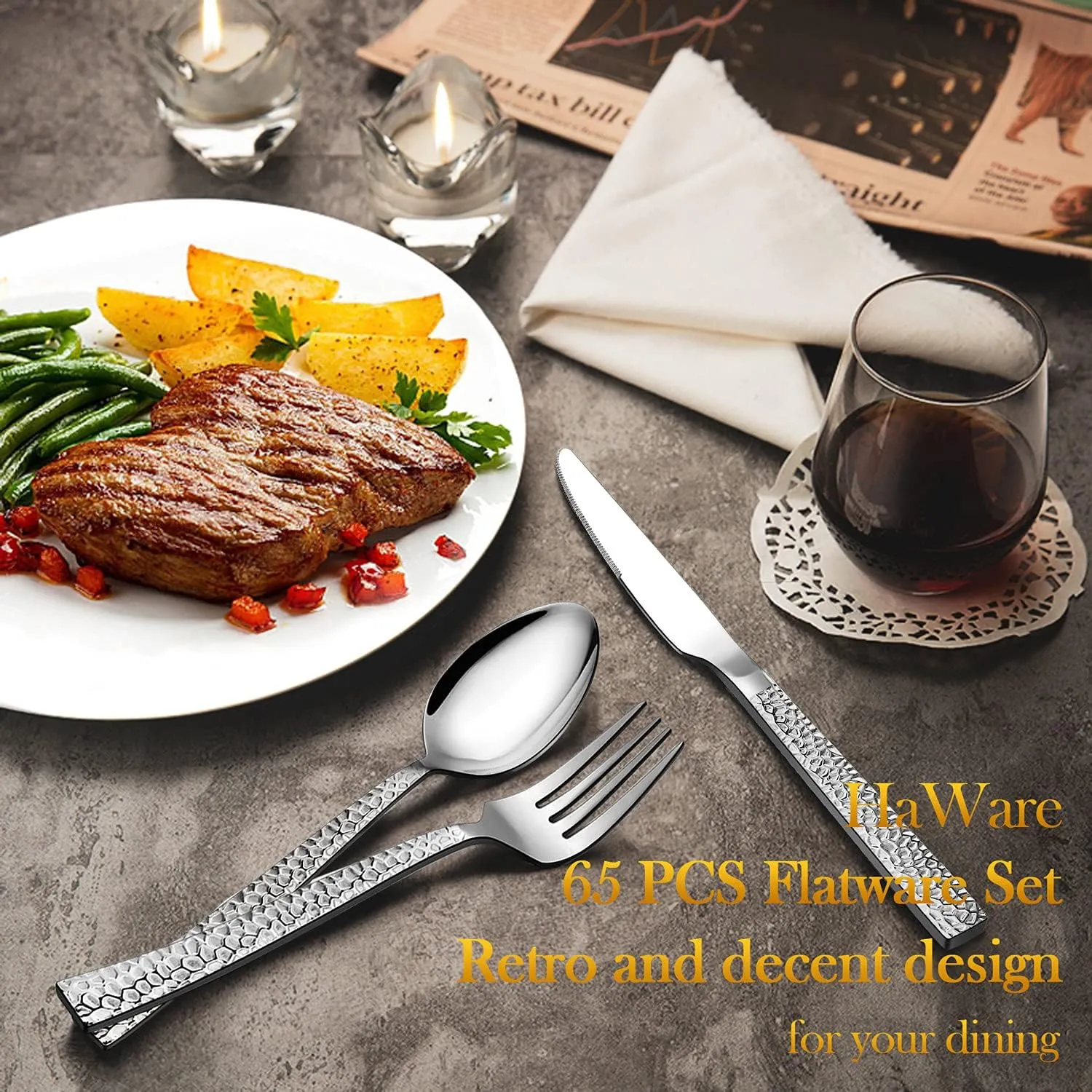 HaWare 65-Piece Hammered Flatware Serving Set, Stainless Steel Silverware Cutlery Set for Home/Hotel/Restaurant, Service for 12, Elegant & Classic Design, Dishwasher Safe-Square Edge