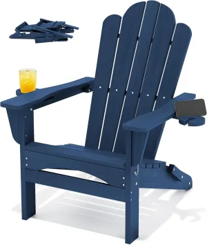 HDPE All-Weather Adirondack Chairs, Folding Adirondack Chair, Outdoor Chair, Fire Pit Chairs, Porch Chairs, with Cup Holder, Stackable, for Garden Porch Lawn Pool Backyard Deck (Navy)