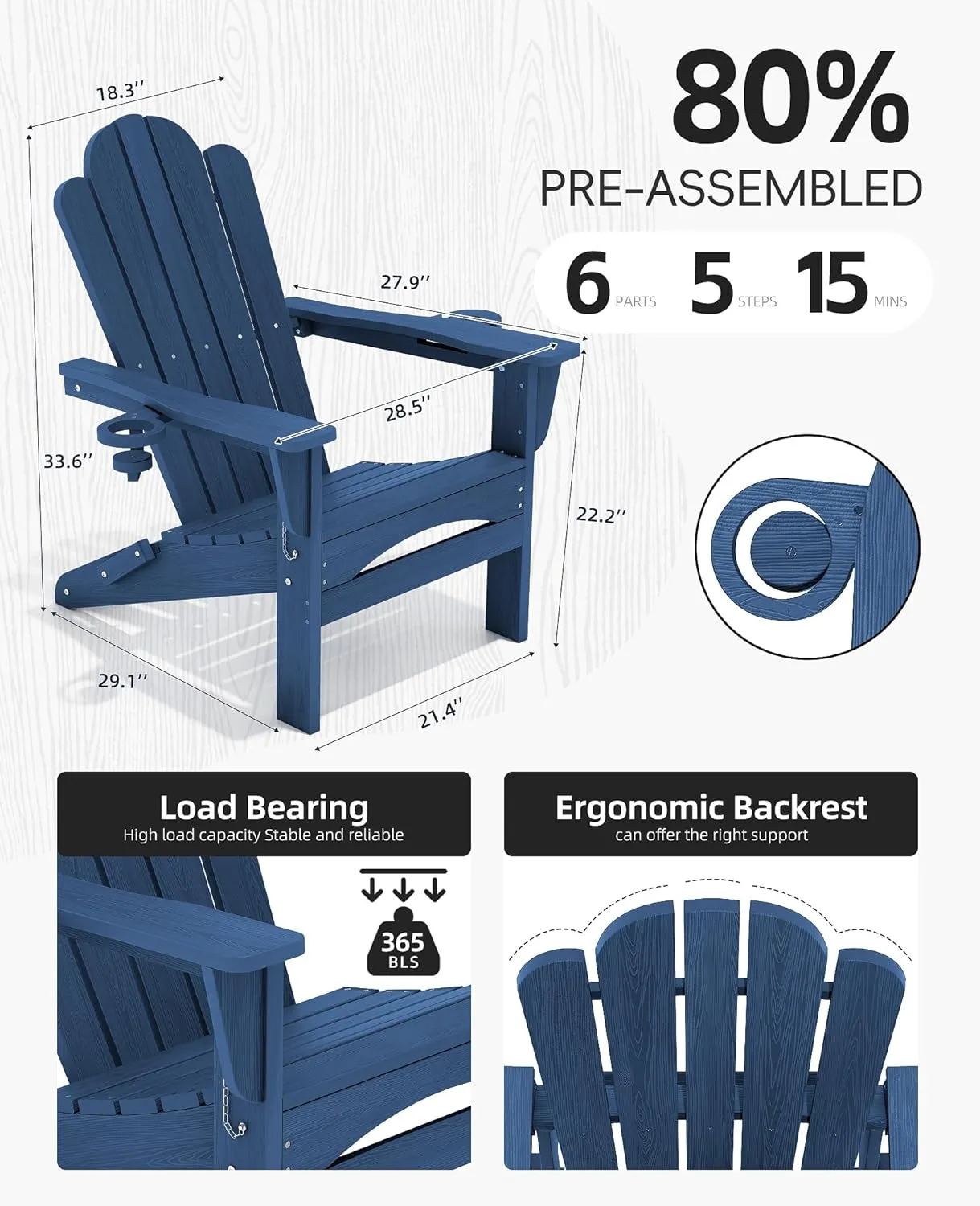 HDPE All-Weather Adirondack Chairs, Folding Adirondack Chair, Outdoor Chair, Fire Pit Chairs, Porch Chairs, with Cup Holder, Stackable, for Garden Porch Lawn Pool Backyard Deck (Navy)