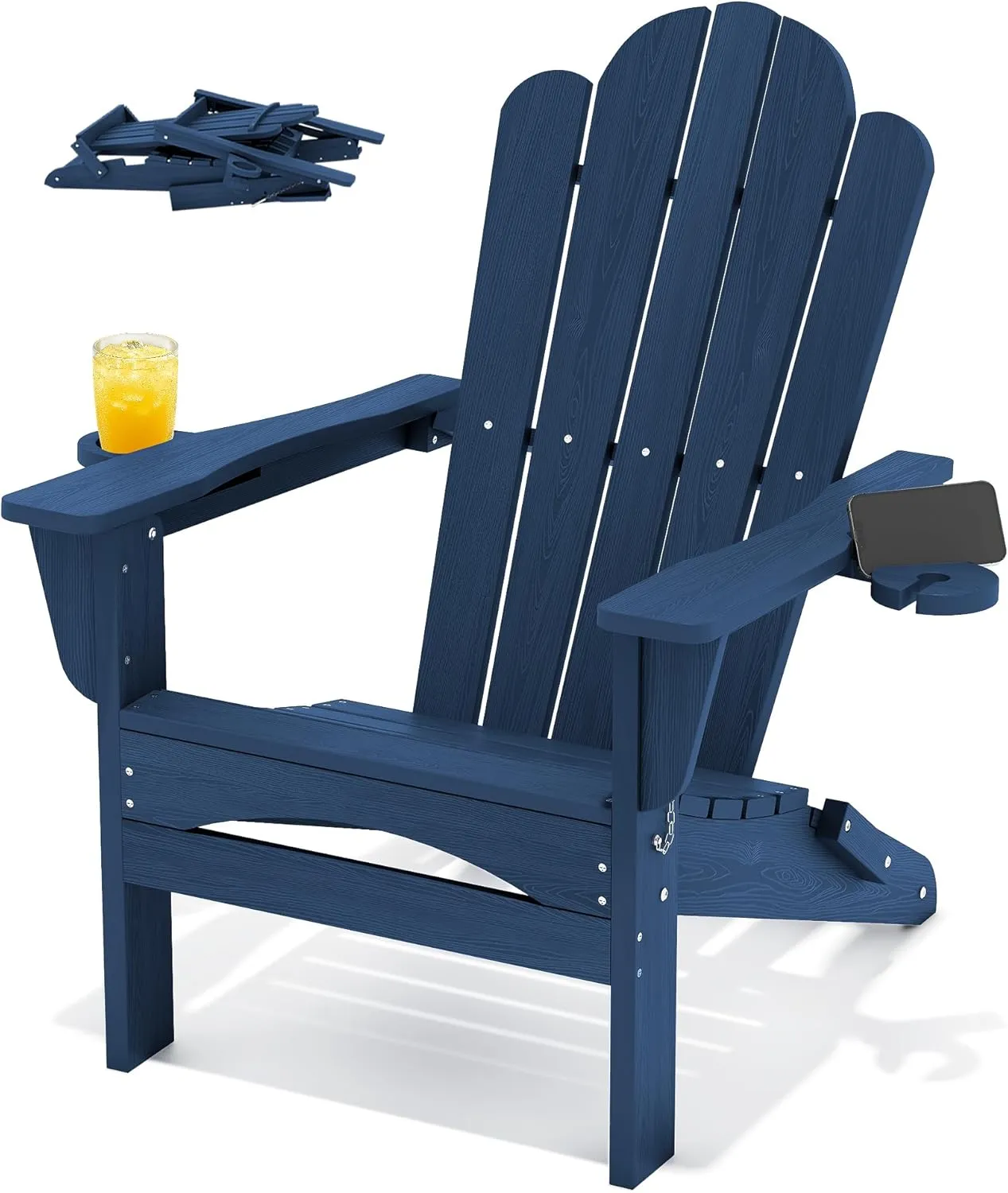 HDPE All-Weather Adirondack Chairs, Folding Adirondack Chair, Outdoor Chair, Fire Pit Chairs, Porch Chairs, with Cup Holder, Stackable, for Garden Porch Lawn Pool Backyard Deck (Navy)