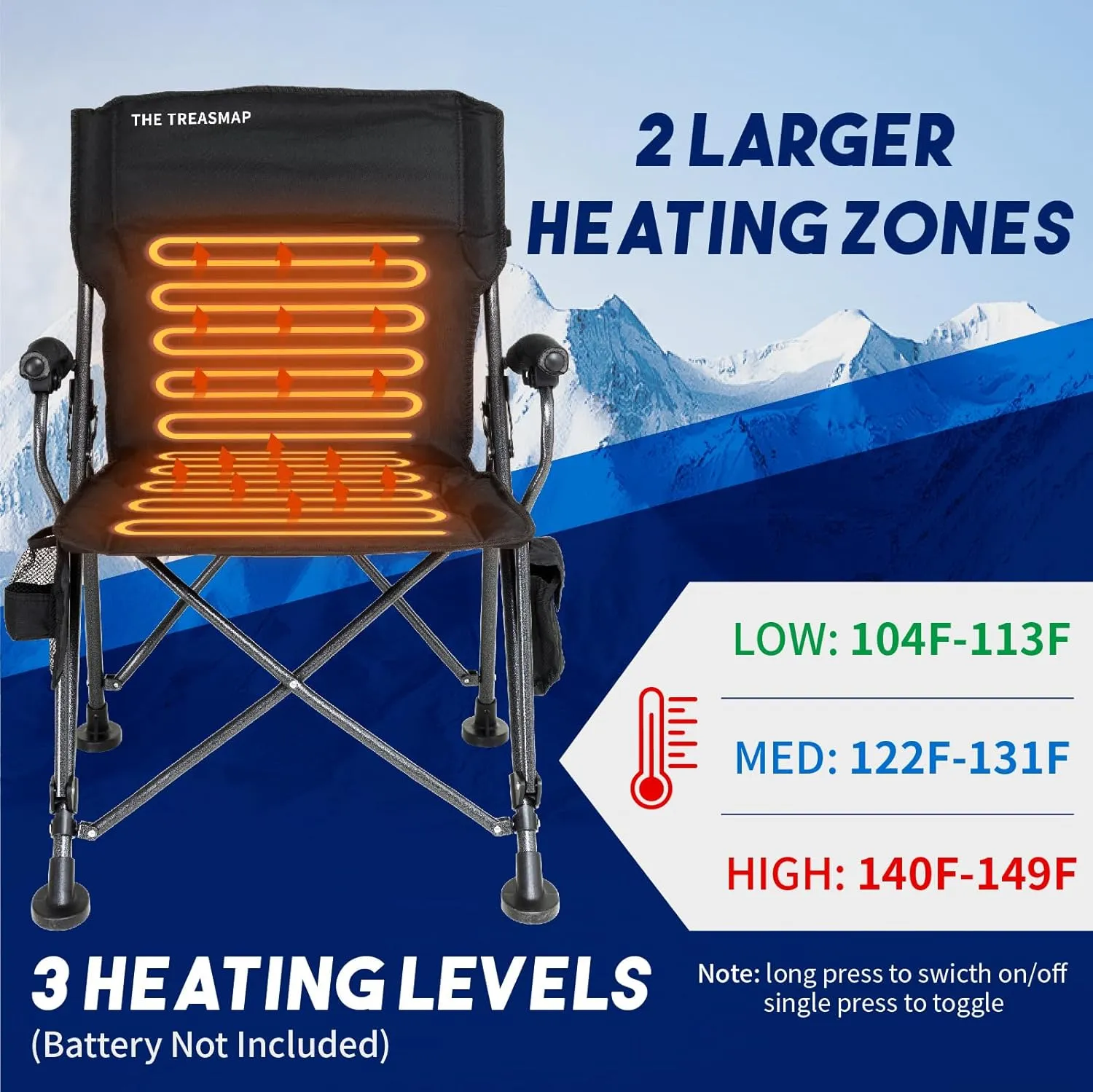 Heated Camping Chairs Adults Folding: Oversized Foldable Outdoor Chair for Outsides with Cup Holder – Heavy Duty Heating Portable Chair Sports Fishing Soccer Lawn Battery NOT Included (Black, X Large)
