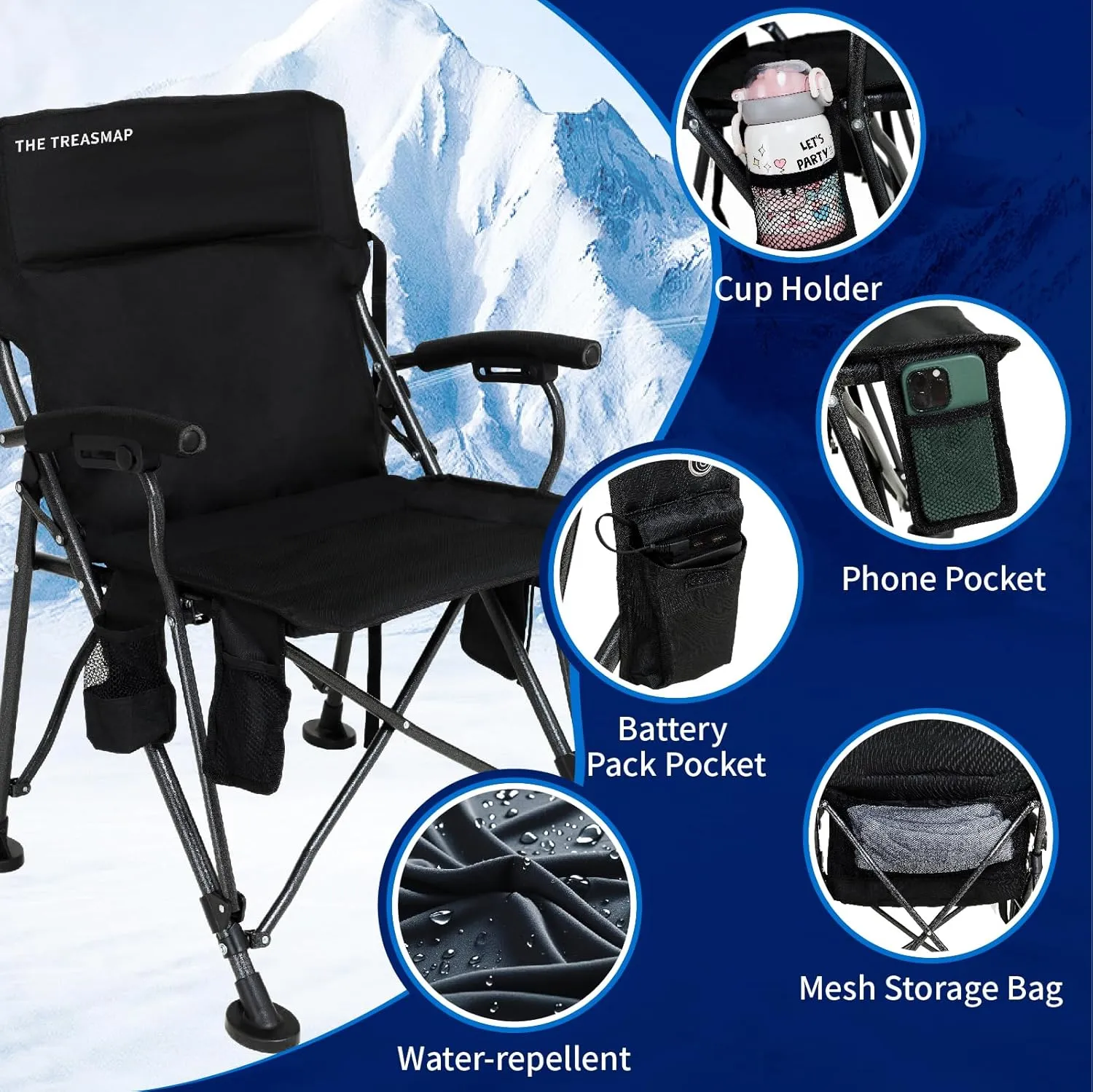 Heated Camping Chairs Adults Folding: Oversized Foldable Outdoor Chair for Outsides with Cup Holder – Heavy Duty Heating Portable Chair Sports Fishing Soccer Lawn Battery NOT Included (Black, X Large)