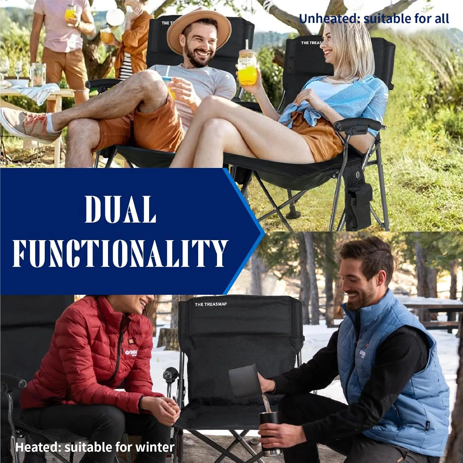 Heated Camping Chairs Adults Folding: Oversized Foldable Outdoor Chair for Outsides with Cup Holder – Heavy Duty Heating Portable Chair Sports Fishing Soccer Lawn Battery NOT Included (Black, X Large)