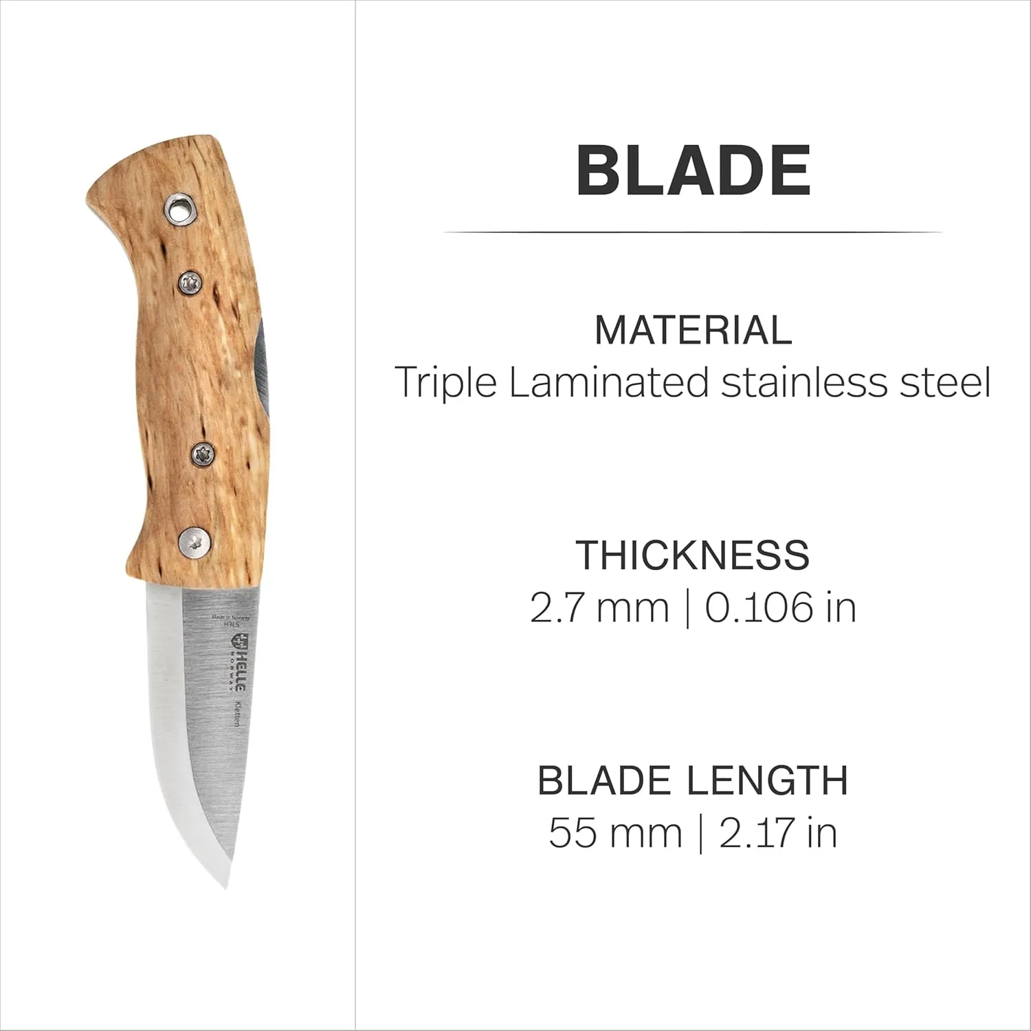 HELLE Knives - Kletten - Folding EDC Pocket Knife - Birch Wood Handle - Triple Laminated Stainless Steel - Made in Norway