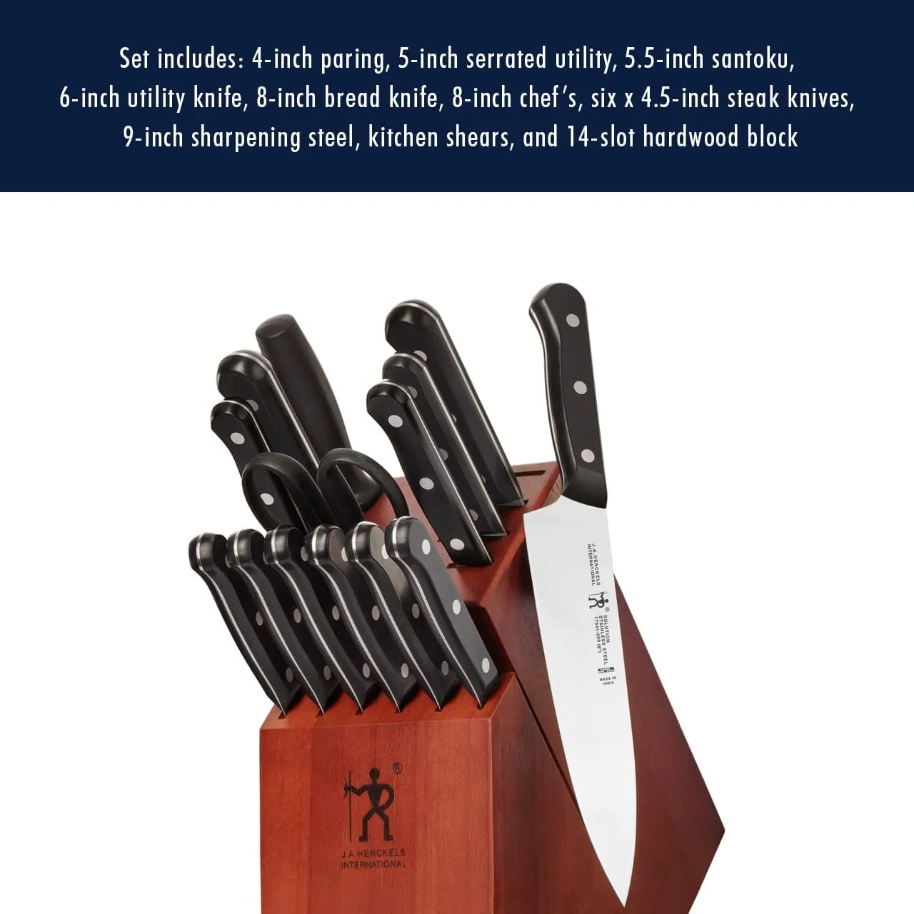 HENCKELS Solution Razor-Sharp 15-pc Knife Set, Chef Knife, Bread Knife, Steak Knife, German Engineered Informed by 100  Years of Mastery, Black/Stainless Steel