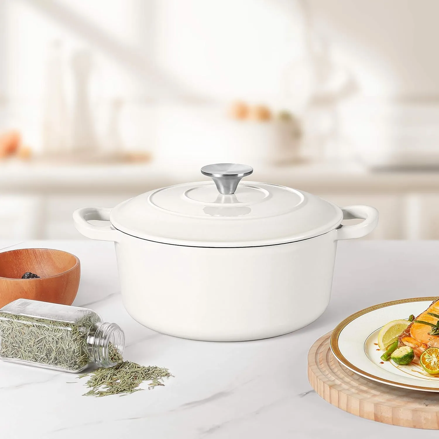Herogo 3QT Enameled Cast Iron Dutch Oven with Lid, Heavy Duty Round Dutch Oven Pot with Dual Handles for Bread Baking Stewing Roasting, Safe for Various Stovetops, Nonstick & Easy Cleanup - White
