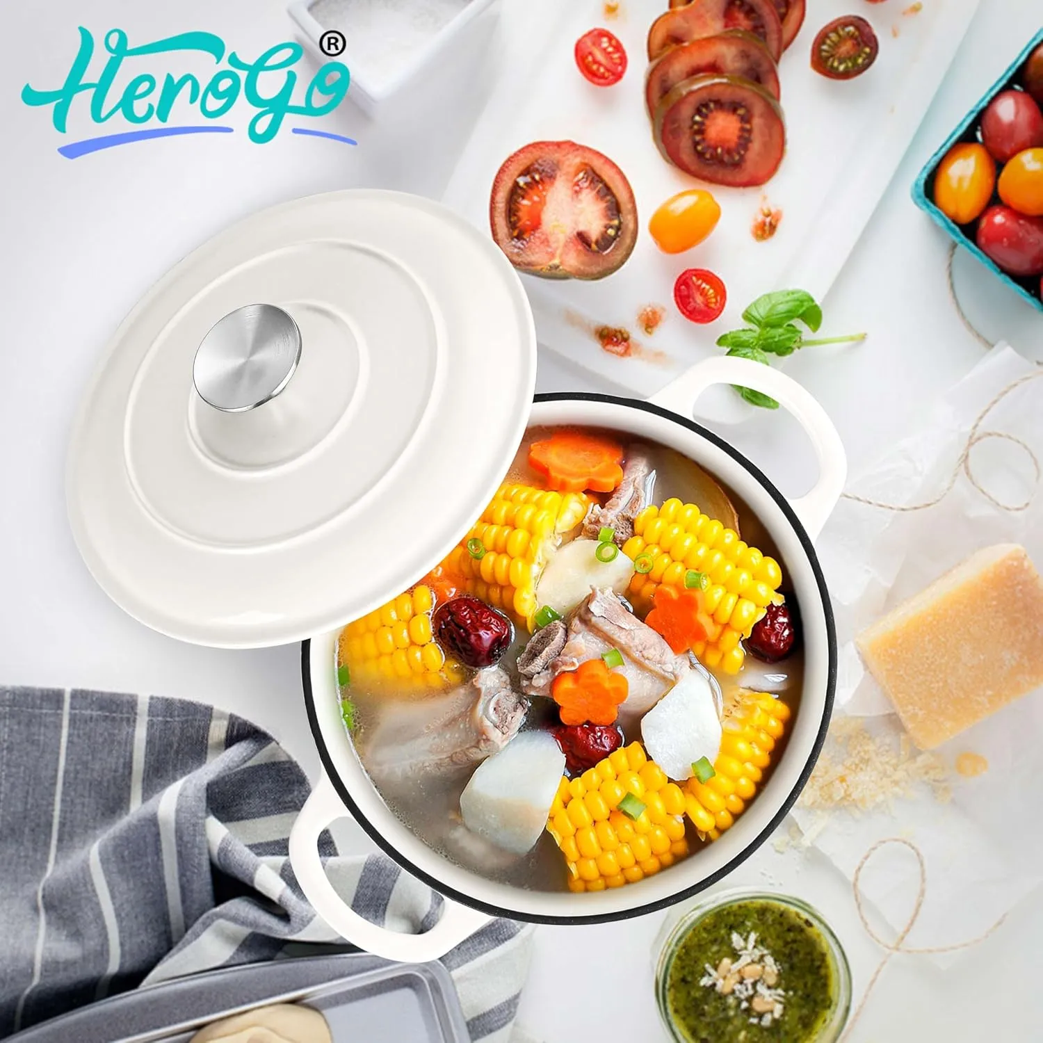 Herogo 3QT Enameled Cast Iron Dutch Oven with Lid, Heavy Duty Round Dutch Oven Pot with Dual Handles for Bread Baking Stewing Roasting, Safe for Various Stovetops, Nonstick & Easy Cleanup - White
