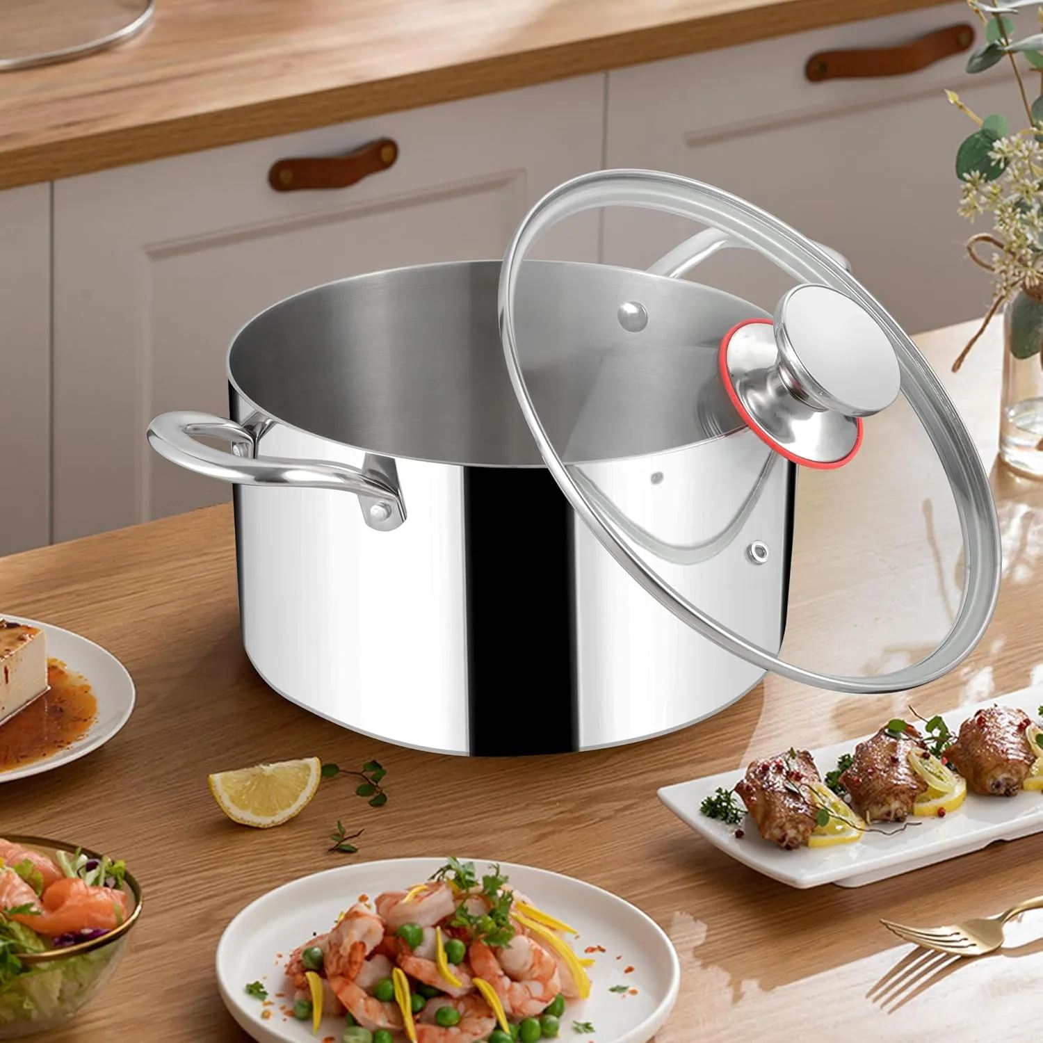 Herogo 4.5 Quart Stock Pot, Tri-Ply Cooking Pot with Lid, 18/10 Stainless Steel Pasta Stockpot with Handles, 4.5 QT Stockpot for Induction Electric Gas Stove, Dishwasher Safe