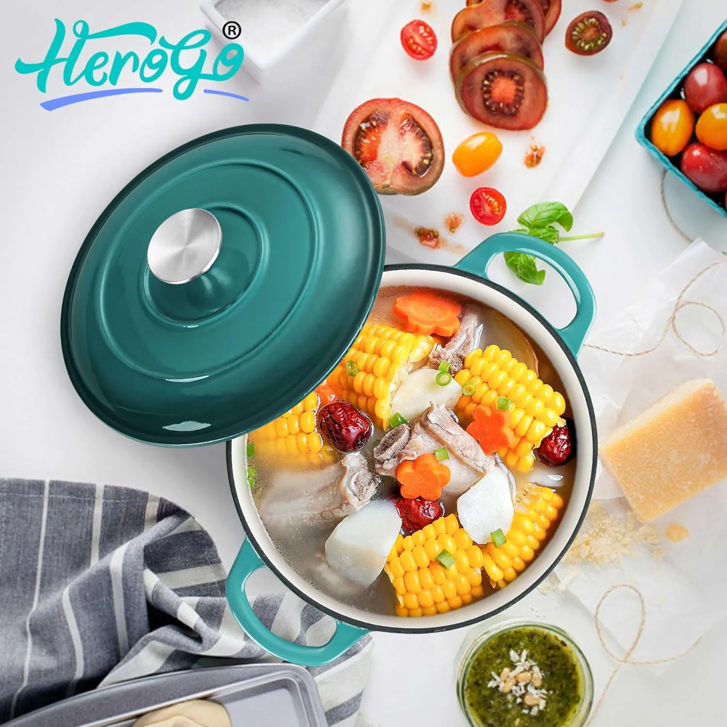 Herogo Enameled Cast Iron Dutch Oven with Lid, 3QT Heavy Duty Round Dutch Oven Pot with Dual Handles for Bread Baking Stewing Roasting, Nonstick & Easy Cleanup, Safe for Various Stovetops - Green