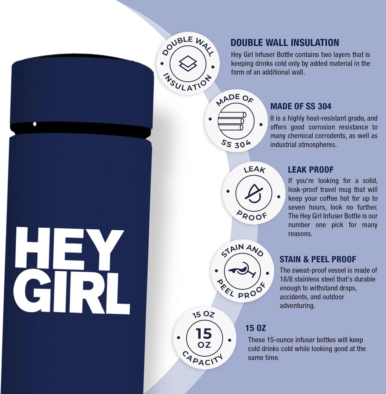 Hey Girl Tea Infuser Bottle 450ml - Insulated Stainless Steel Water Bottle - Thermos Tea Tumbler with Tea Diffuser - Portable Travel Mug for Loose Leaf Tea & Infused Water - Tea Lovers Gifts for Women