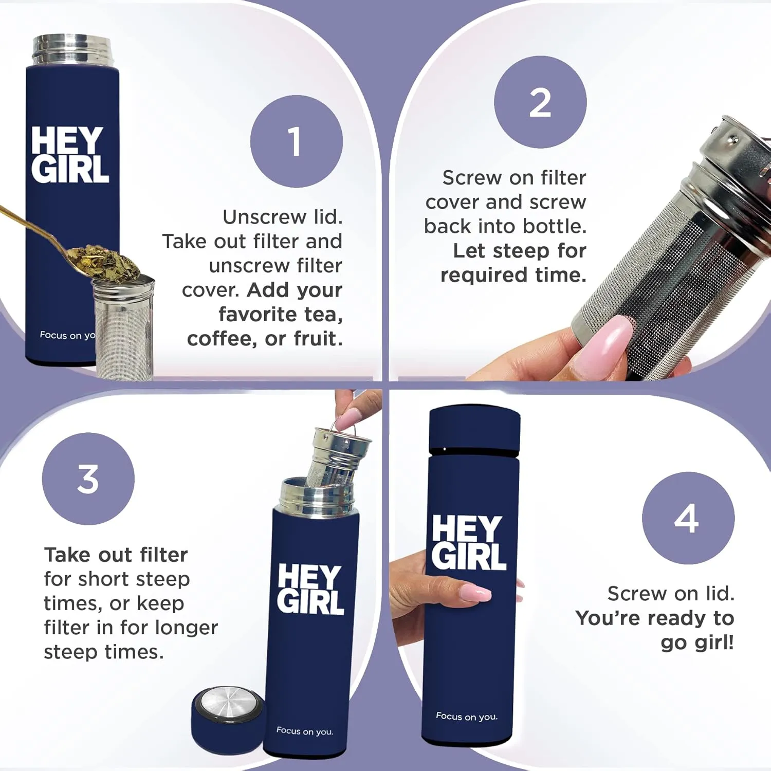 Hey Girl Tea Infuser Bottle 450ml - Insulated Stainless Steel Water Bottle - Thermos Tea Tumbler with Tea Diffuser - Portable Travel Mug for Loose Leaf Tea & Infused Water - Tea Lovers Gifts for Women