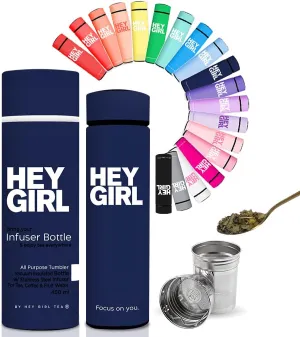 Hey Girl Tea Infuser Bottle 450ml - Insulated Stainless Steel Water Bottle - Thermos Tea Tumbler with Tea Diffuser - Portable Travel Mug for Loose Leaf Tea & Infused Water - Tea Lovers Gifts for Women