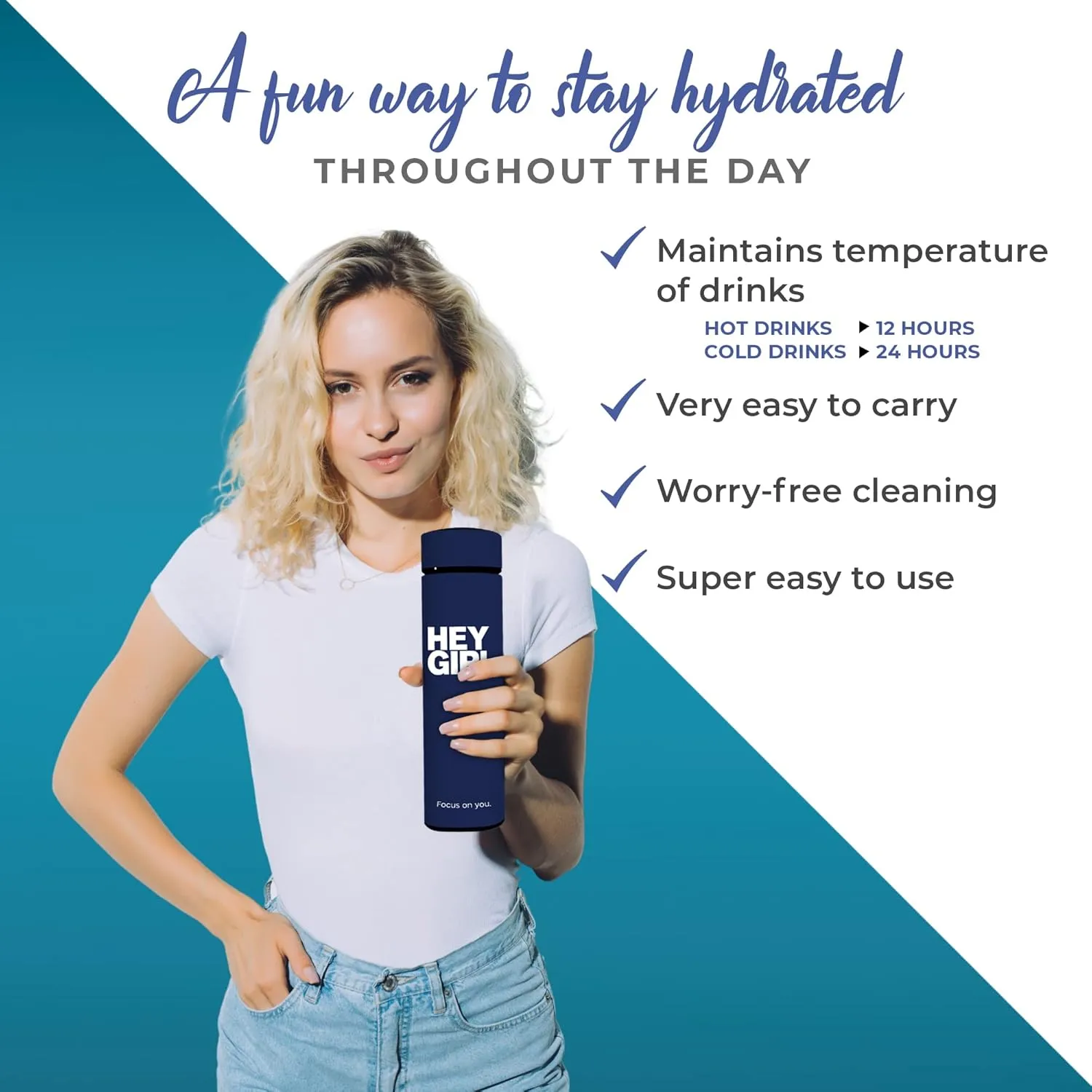 Hey Girl Tea Infuser Bottle 450ml - Insulated Stainless Steel Water Bottle - Thermos Tea Tumbler with Tea Diffuser - Portable Travel Mug for Loose Leaf Tea & Infused Water - Tea Lovers Gifts for Women