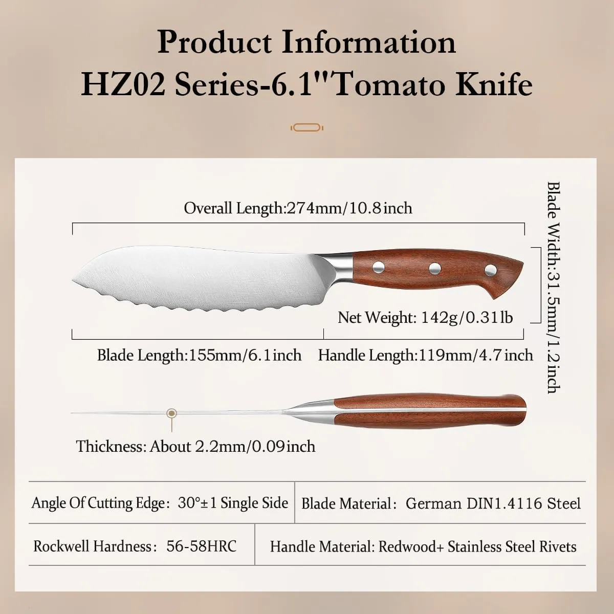 HEZHEN 6.1 inch Tomato Slicing Knife – Germany 1.4116 Stainless Steel Serrated Blade,with Full Tang Handle