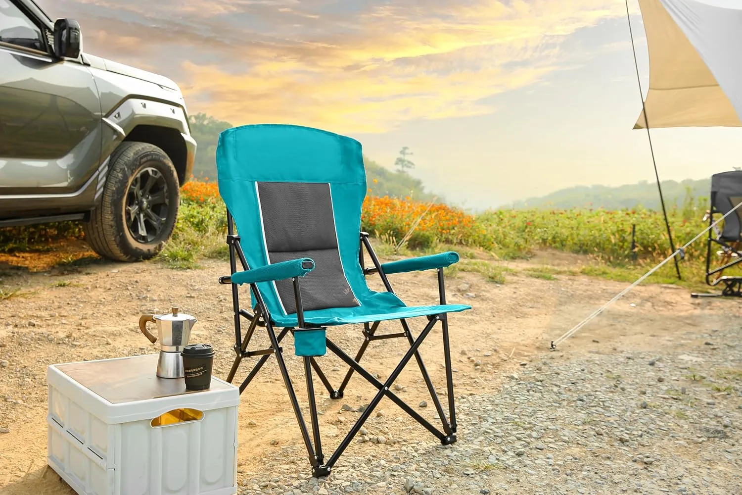 High Back Heavy Duty Lawn Chair Supports 250lbs – Portable Collapsible Chair with Cup Holder, Blue – Dining Room, Patio, Camping & Outdoors (1 Doors)