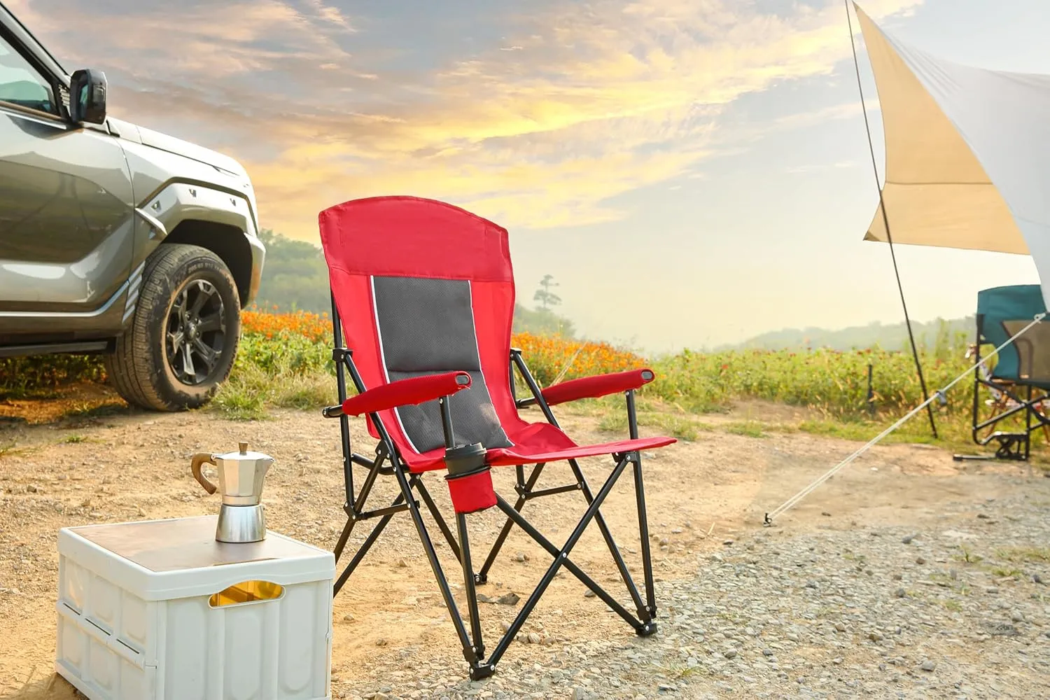 High Back Heavy Duty Lawn Chair-Supports 250lbs, Portable Collapsible Folding Chair with Cup Holder, Red-Ideal for Patio, Camping, Dining Room