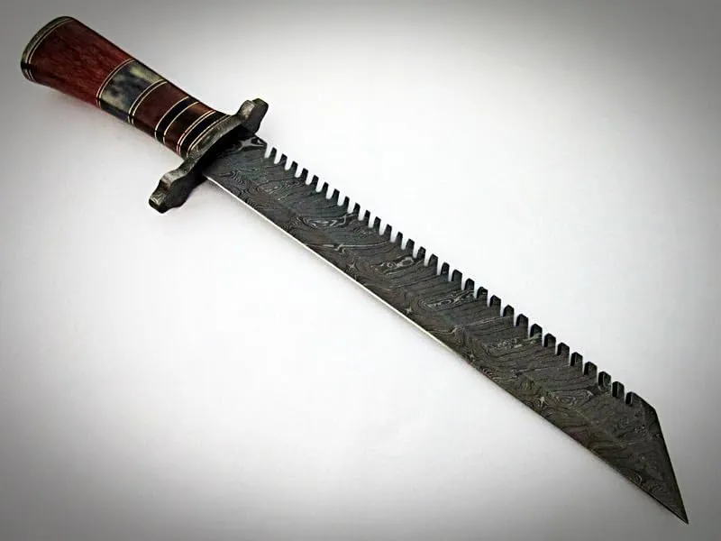 HK-20 Handmade Damascus Steel Knife for Hunting, Survival, Camping, Skinning, Bushcraft, Fixed Blade Full Tang Wood Handle, with Leather Sheath.