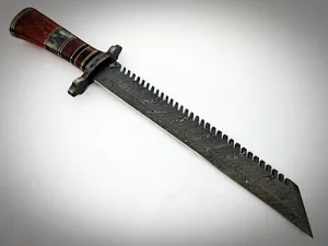 HK-20 Handmade Damascus Steel Knife for Hunting, Survival, Camping, Skinning, Bushcraft, Fixed Blade Full Tang Wood Handle, with Leather Sheath.