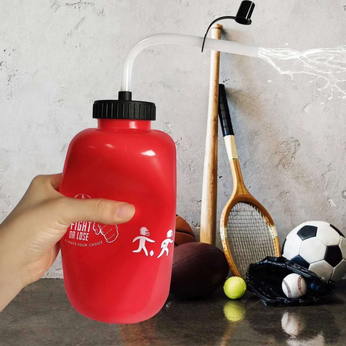 Hockey Water Bottles with Long Straw, Fit for Football Lacrosse Gym Sport, Plastic Squeezable Leakproof BPA Free, No Strange Smell, Easy to Clean, 1 Liter 32 oz (3 Straw Caps) (red)