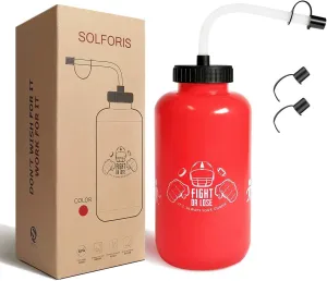 Hockey Water Bottles with Long Straw, Fit for Football Lacrosse Gym Sport, Plastic Squeezable Leakproof BPA Free, No Strange Smell, Easy to Clean, 1 Liter 32 oz (3 Straw Caps) (red)