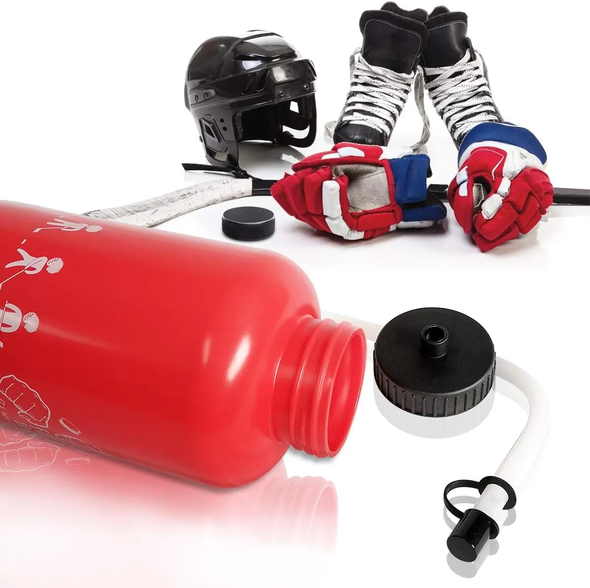 Hockey Water Bottles with Long Straw, Fit for Football Lacrosse Gym Sport, Plastic Squeezable Leakproof BPA Free, No Strange Smell, Easy to Clean, 1 Liter 32 oz (3 Straw Caps) (red)