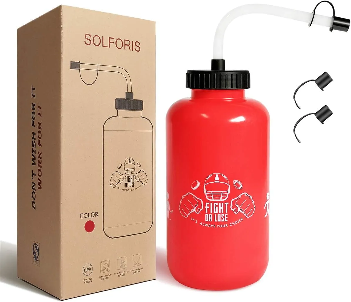 Hockey Water Bottles with Long Straw, Fit for Football Lacrosse Gym Sport, Plastic Squeezable Leakproof BPA Free, No Strange Smell, Easy to Clean, 1 Liter 32 oz (3 Straw Caps) (red)