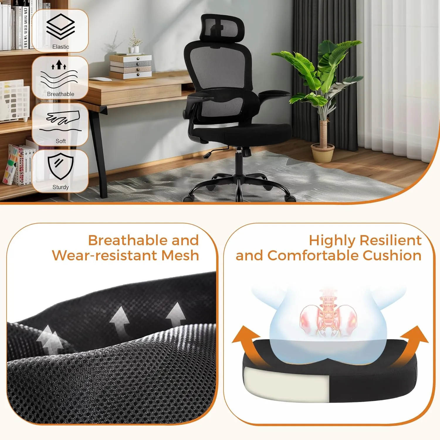 Home Office Chair, Ergonomic Desk Mesh Computer Chair with Adaptive Lumbar Support Armrest Executive Rolling Swivel Adjustable High Back Task Chairs for Women Adults, Black ﻿