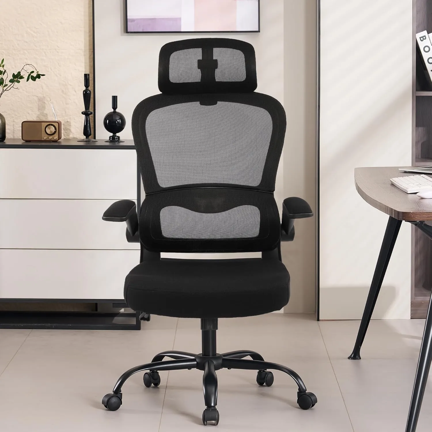 Home Office Chair, Ergonomic Desk Mesh Computer Chair with Adaptive Lumbar Support Armrest Executive Rolling Swivel Adjustable High Back Task Chairs for Women Adults, Black ﻿