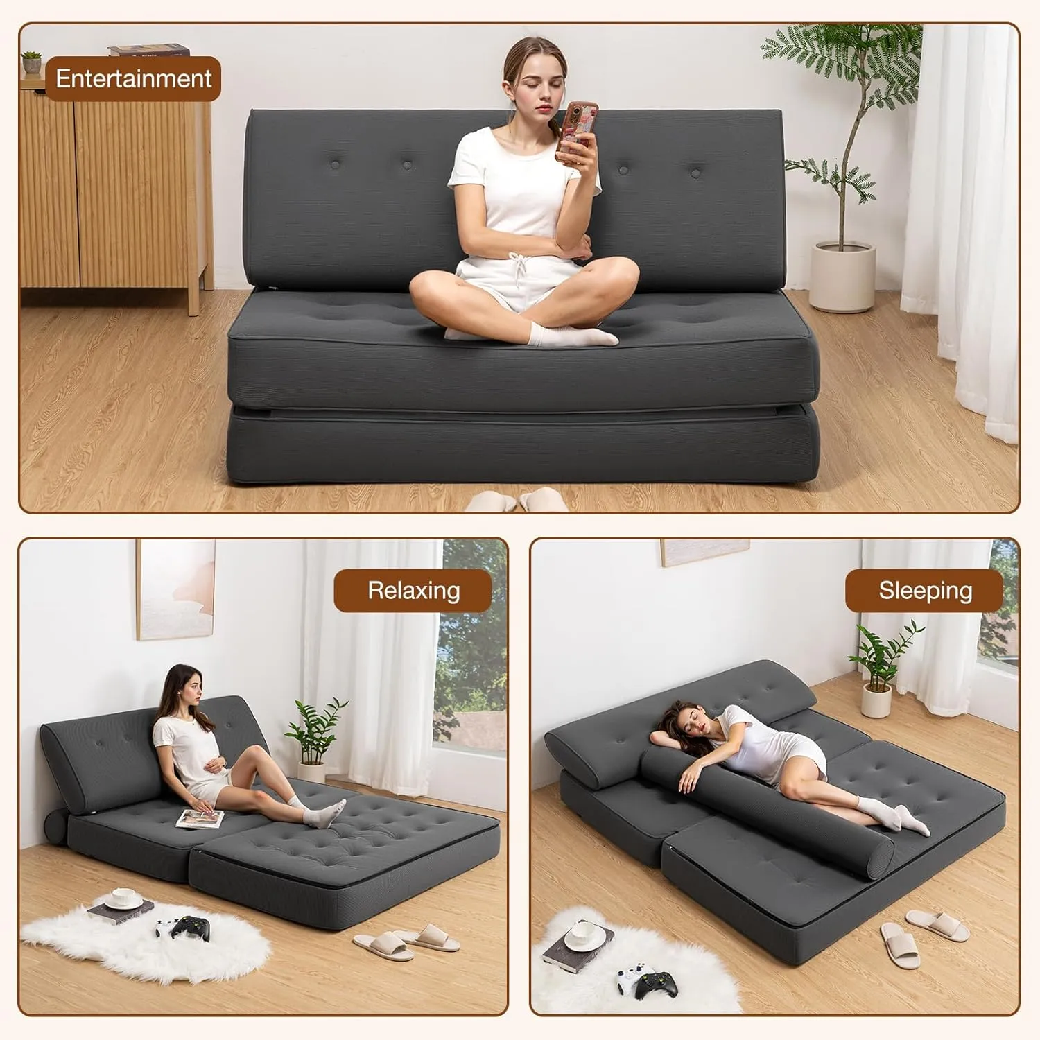 HOMMPA Folding Sofa Bed Sleeper Sofa Chair 3 in 1 Convertible Sofa Bed with 2 Pillows Foldable Mattress with Back Support Floor Lounge Sofa for Home Office Couches Queen Size Grey