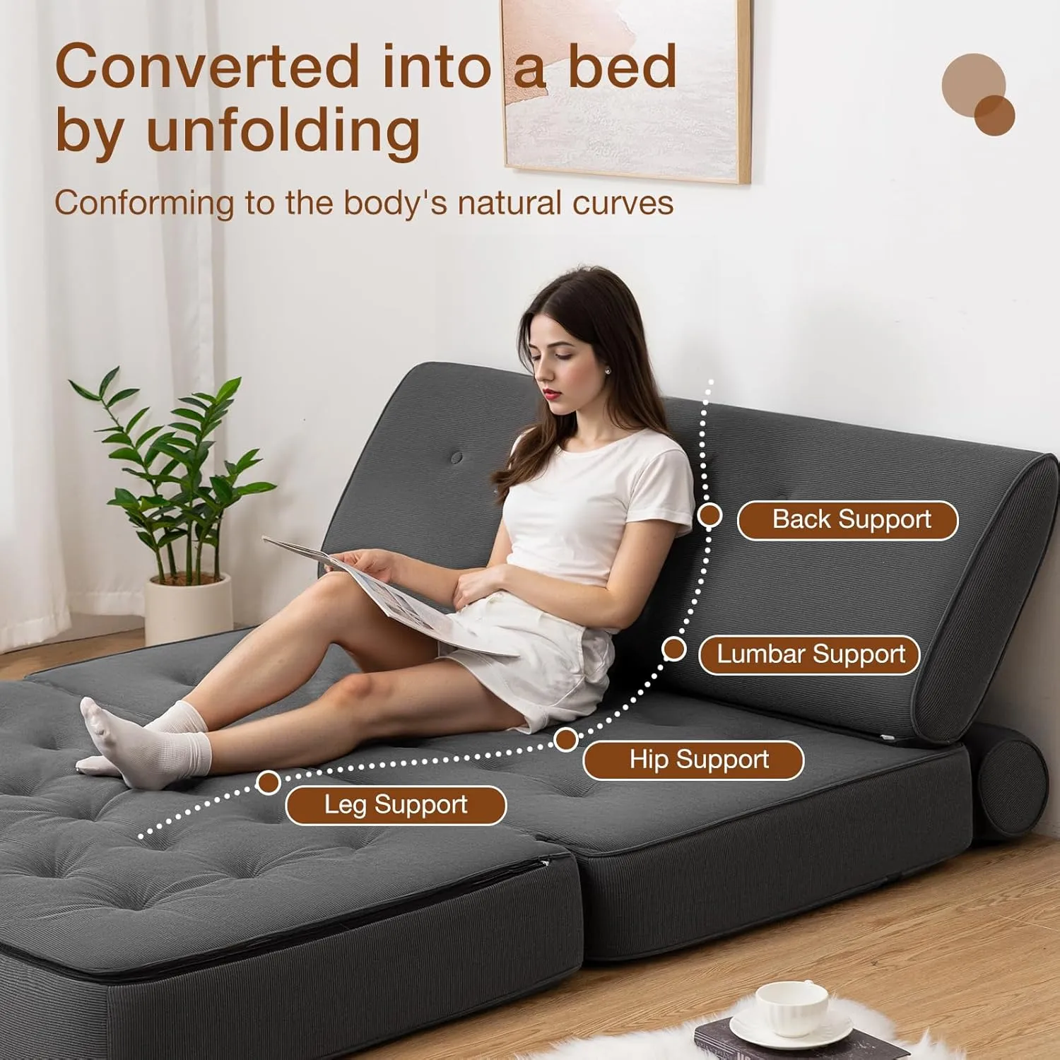 HOMMPA Folding Sofa Bed Sleeper Sofa Chair 3 in 1 Convertible Sofa Bed with 2 Pillows Foldable Mattress with Back Support Floor Lounge Sofa for Home Office Couches Queen Size Grey