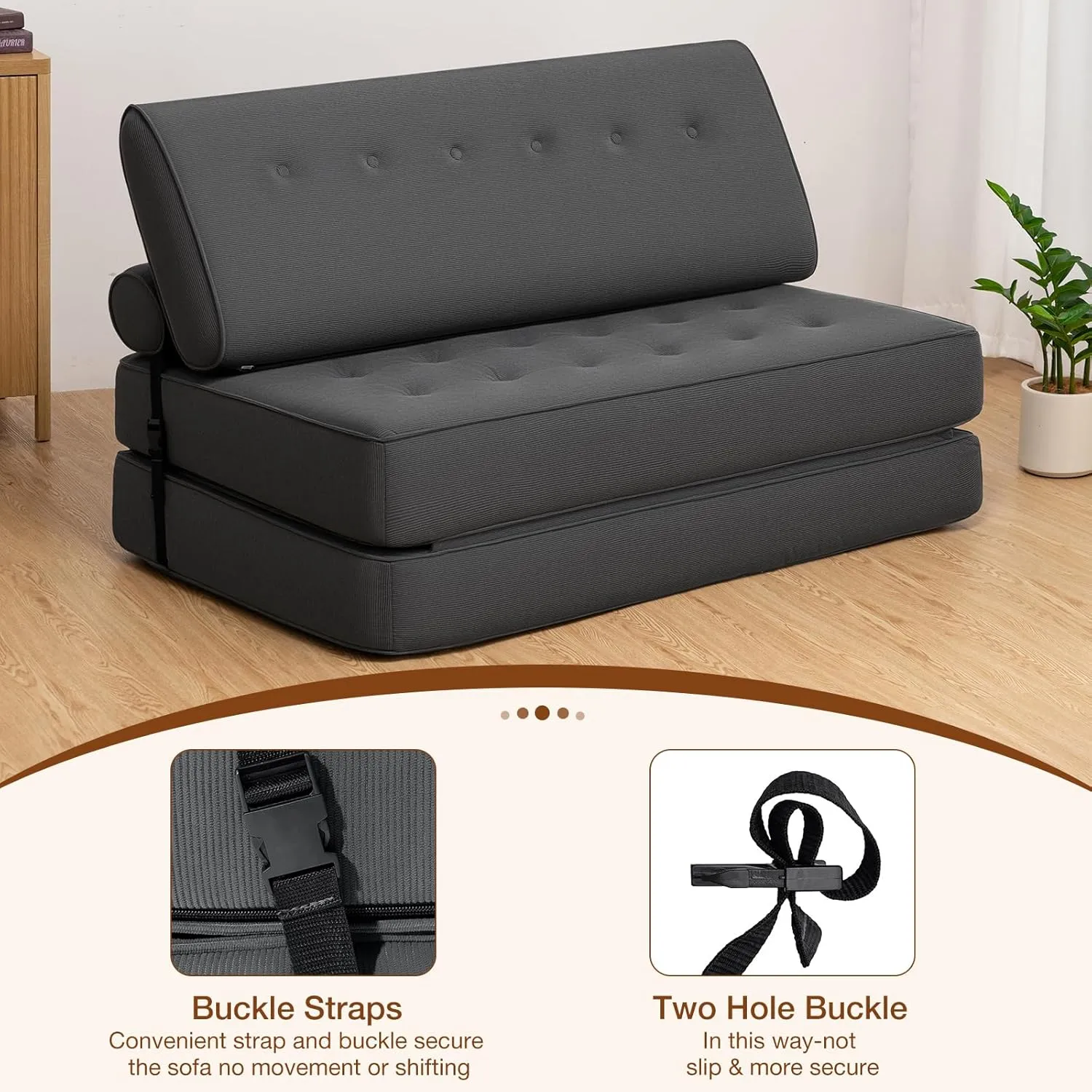 HOMMPA Folding Sofa Bed Sleeper Sofa Chair 3 in 1 Convertible Sofa Bed with 2 Pillows Foldable Mattress with Back Support Floor Lounge Sofa for Home Office Couches Queen Size Grey