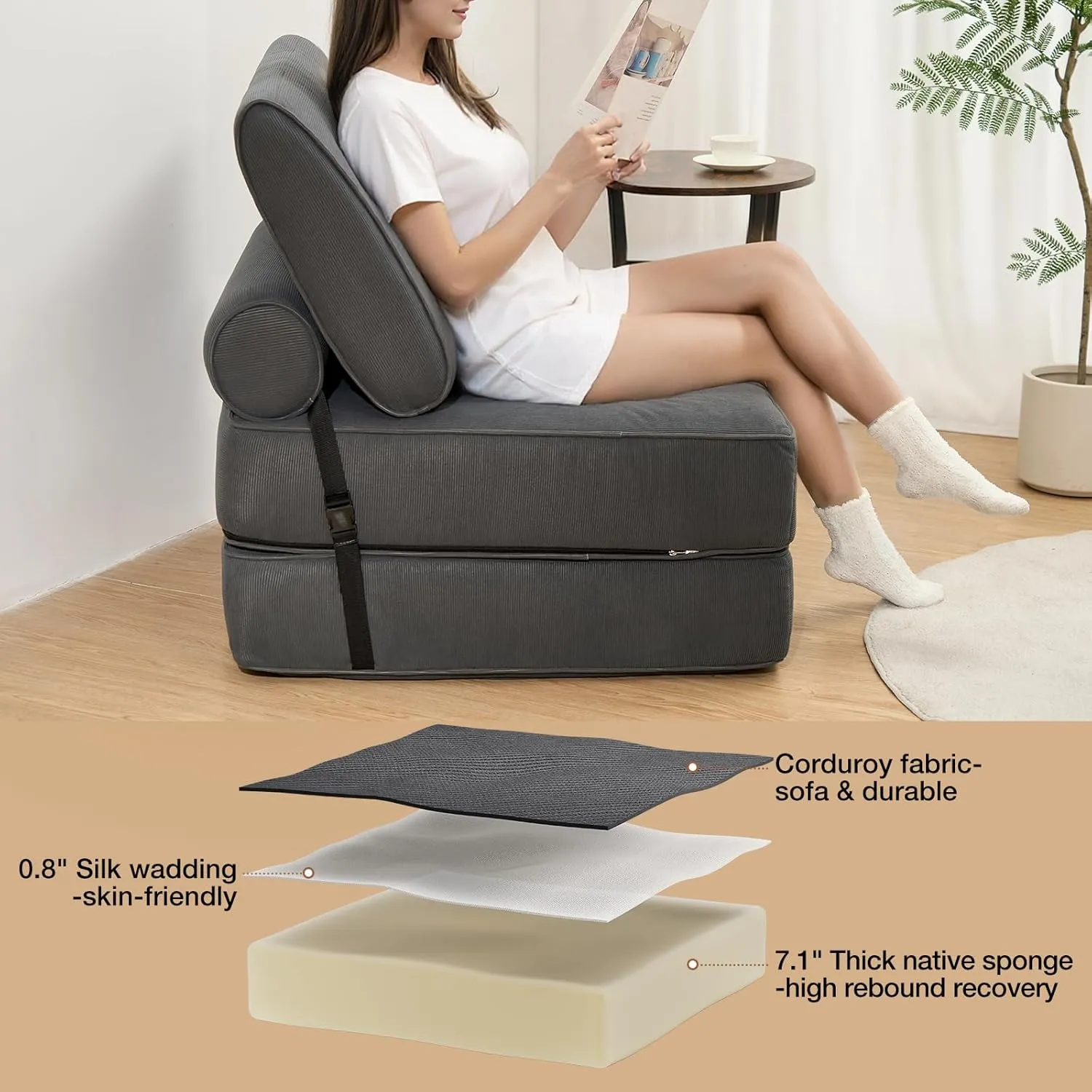 HOMMPA Folding Sofa Bed Sleeper Sofa Chair 3 in 1 Convertible Sofa Bed with 2 Pillows Foldable Mattress with Back Support Floor Lounge Sofa for Home Office Couches Queen Size Grey