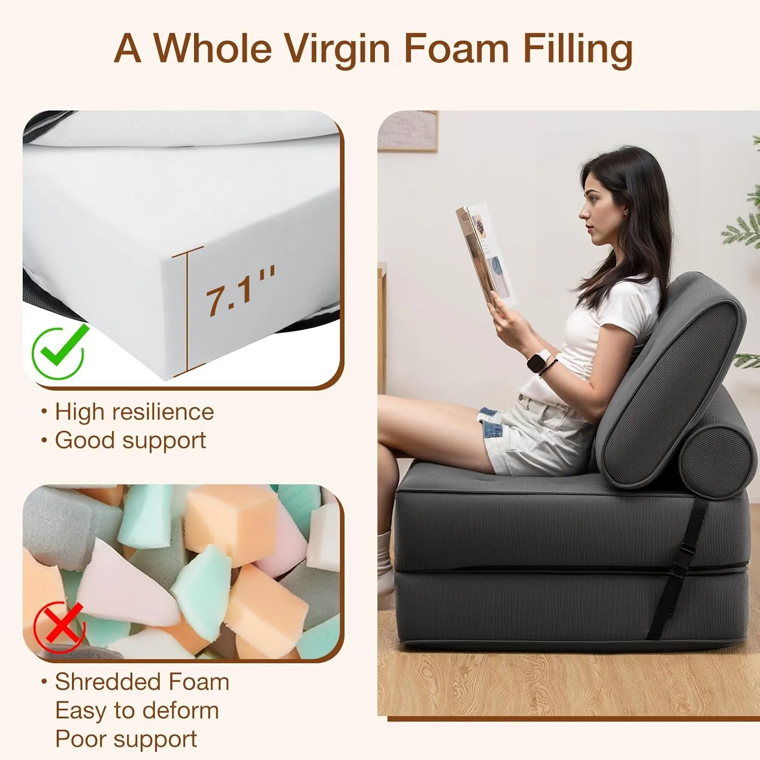 HOMMPA Folding Sofa Bed Sleeper Sofa Chair 3 in 1 Convertible Sofa Bed with 2 Pillows Foldable Mattress with Back Support Floor Lounge Sofa for Home Office Couches Queen Size Grey