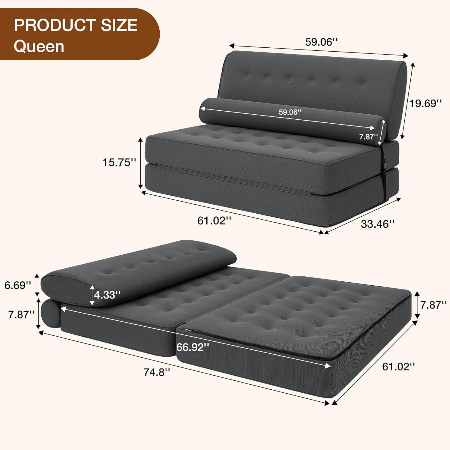 HOMMPA Folding Sofa Bed Sleeper Sofa Chair 3 in 1 Convertible Sofa Bed with 2 Pillows Foldable Mattress with Back Support Floor Lounge Sofa for Home Office Couches Queen Size Grey