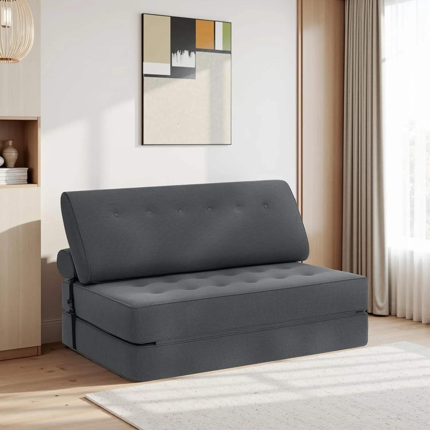 HOMMPA Folding Sofa Bed Sleeper Sofa Chair 3 in 1 Convertible Sofa Bed with 2 Pillows Foldable Mattress with Back Support Floor Lounge Sofa for Home Office Couches Queen Size Grey