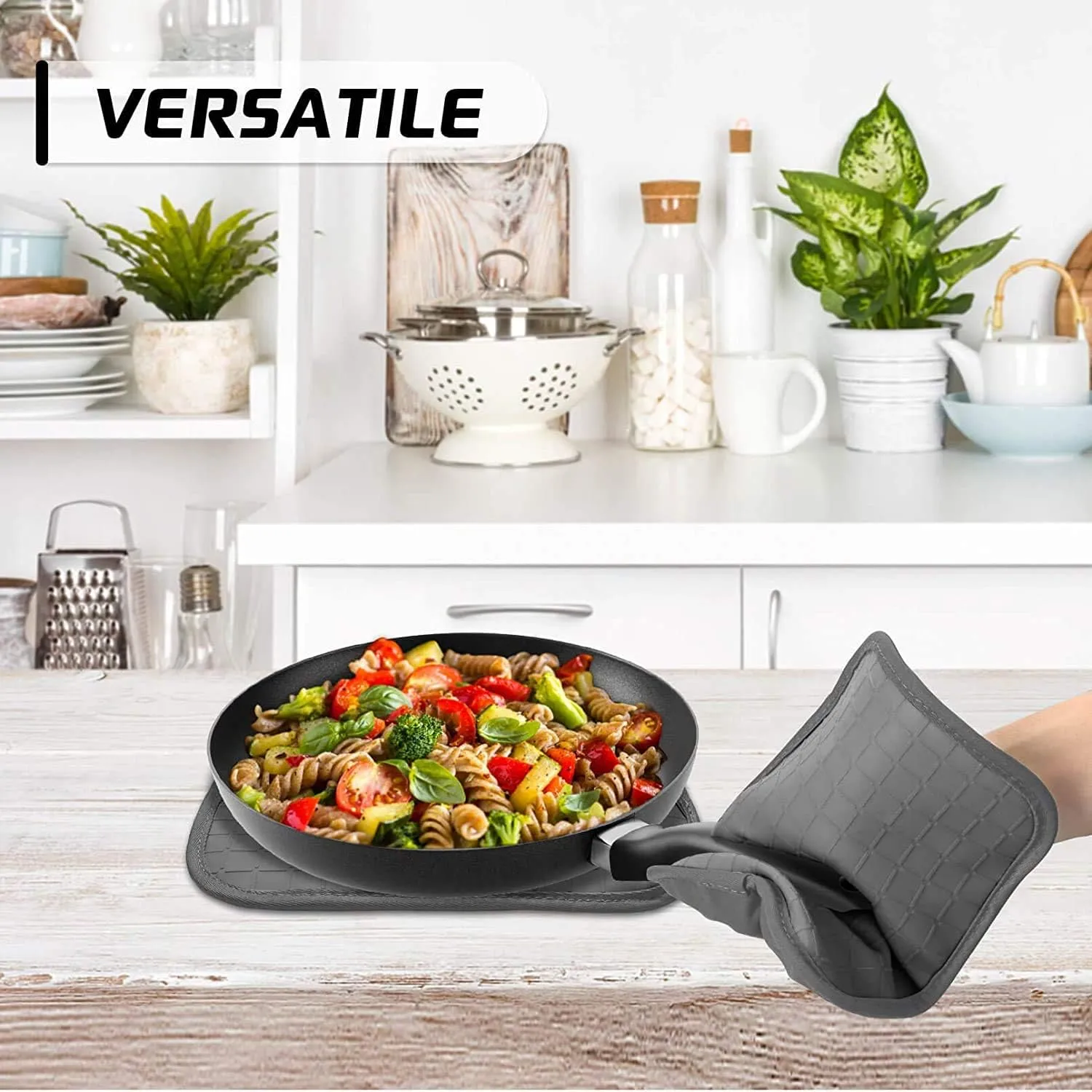 HOMWE Silicone Oven Mitts and Pot Holders for Kitchen & Baking - Set of 4 Heat-Resistant, Heavy-Duty Cooking Mittens w/Non-Slip, Textured Grip (Black)