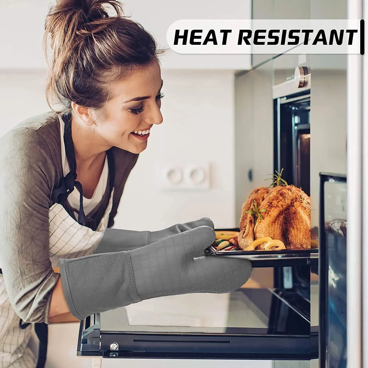 HOMWE Silicone Oven Mitts and Pot Holders for Kitchen & Baking - Set of 4 Heat-Resistant, Heavy-Duty Cooking Mittens w/Non-Slip, Textured Grip (Black)