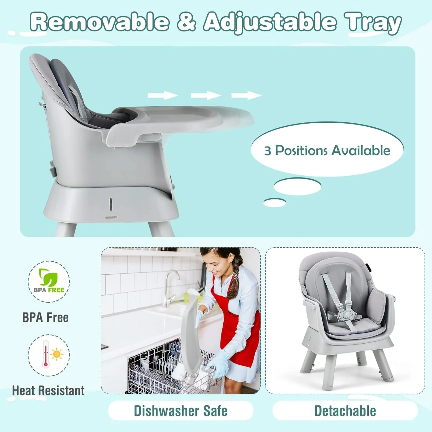 HONEY JOY 8 in 1 Baby High Chair, Convertible Highchair for Babies and Toddlers/Table and Chair Set/Building Block Table/Booster Seat/Stool/Toddler Chair with Safety Harness (Gray)