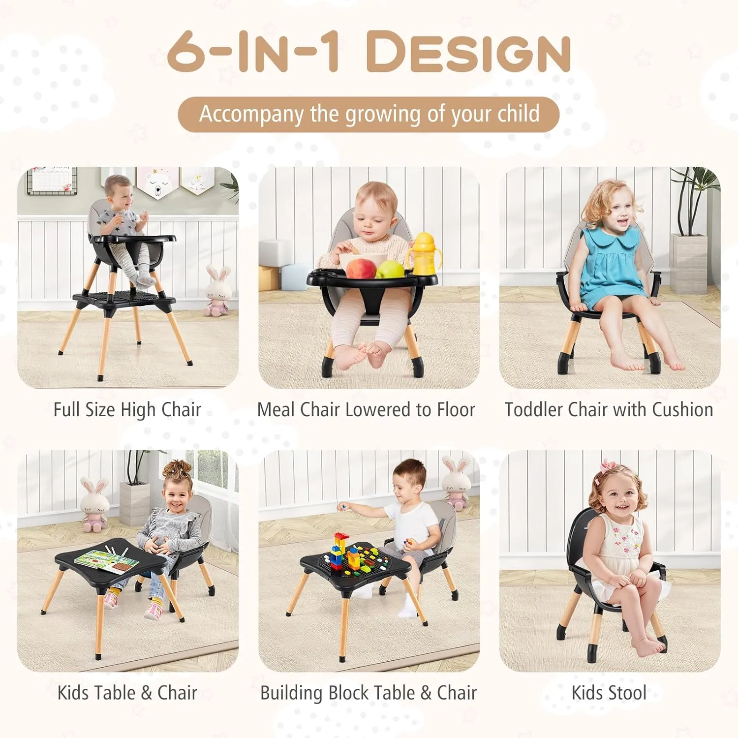 HONEY JOY Baby High Chair, 6-in-1 Convertible Wooden Highchair for Babies and Toddlers/Table Set/Toddler Chair with Safety Harness, 4-Position Removable Feeding Tray (Black)