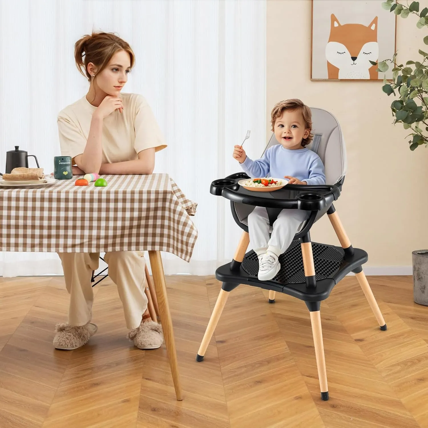 HONEY JOY Baby High Chair, 6-in-1 Convertible Wooden Highchair for Babies and Toddlers/Table Set/Toddler Chair with Safety Harness, 4-Position Removable Feeding Tray (Black)