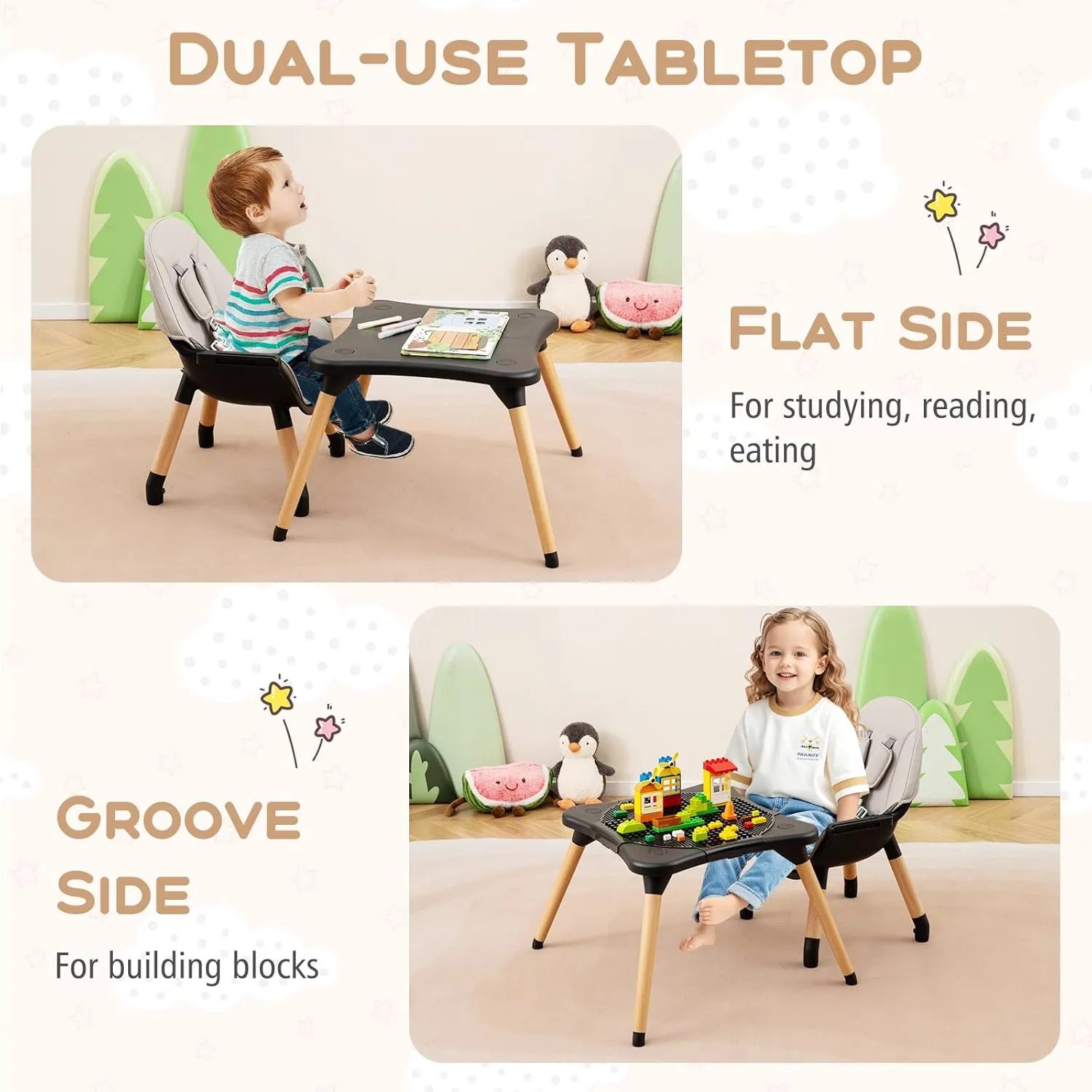 HONEY JOY Baby High Chair, 6-in-1 Convertible Wooden Highchair for Babies and Toddlers/Table Set/Toddler Chair with Safety Harness, 4-Position Removable Feeding Tray (Black)