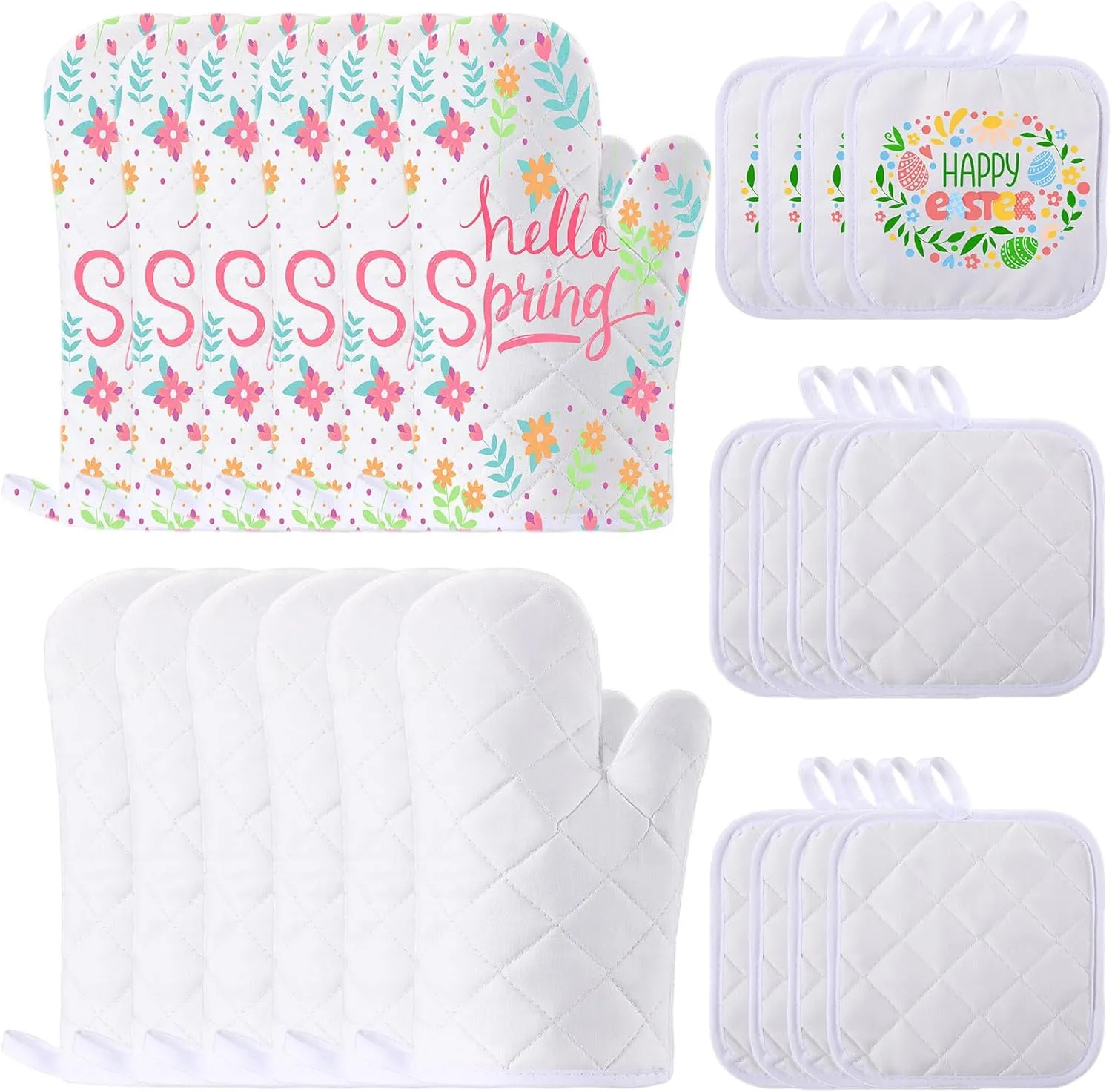 Hoolerry 24 Pcs Blank Sublimation Oven Mitts Set Include Sublimation Pot Holders Bulk DIY Heat Resistance Oven Gloves with Hanging Loops Pads for Spring Teacher Kitchen Baking Gifts (White)